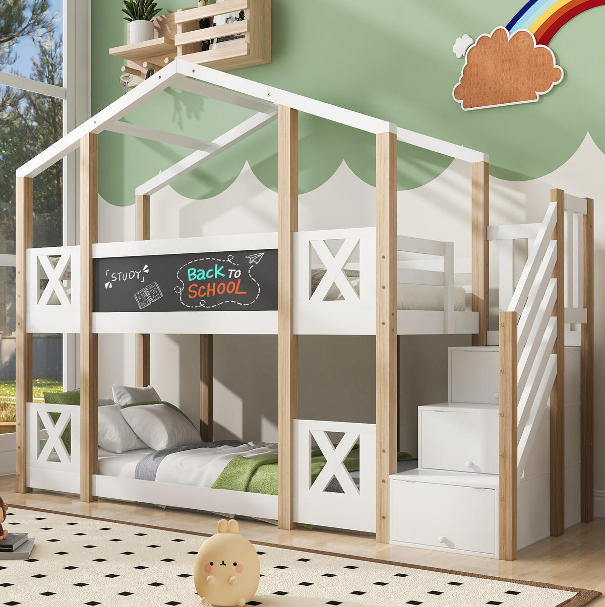 HAUSBETT 90/200 cm in Weiß/Natur mit Treppe, Stauraum und Tafel - Weiß, Holzwerkstoff (90/200cm) - BEAOK