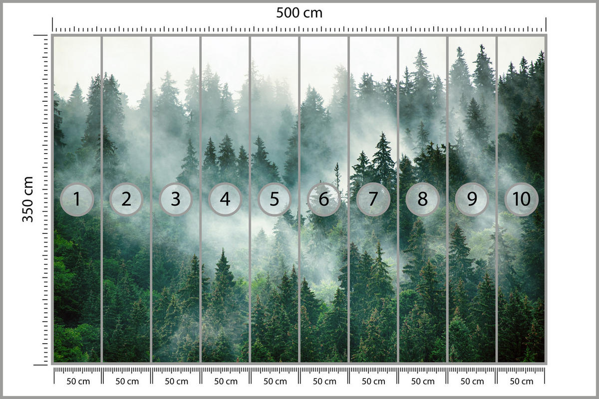 FOTOTAPETA Pre Kuchyňu Ihličnaté Stromy Hmlový Les Mystický Zelená 500 x 350 cm - sivá/zelená, papier (500/350cm) - Muralo