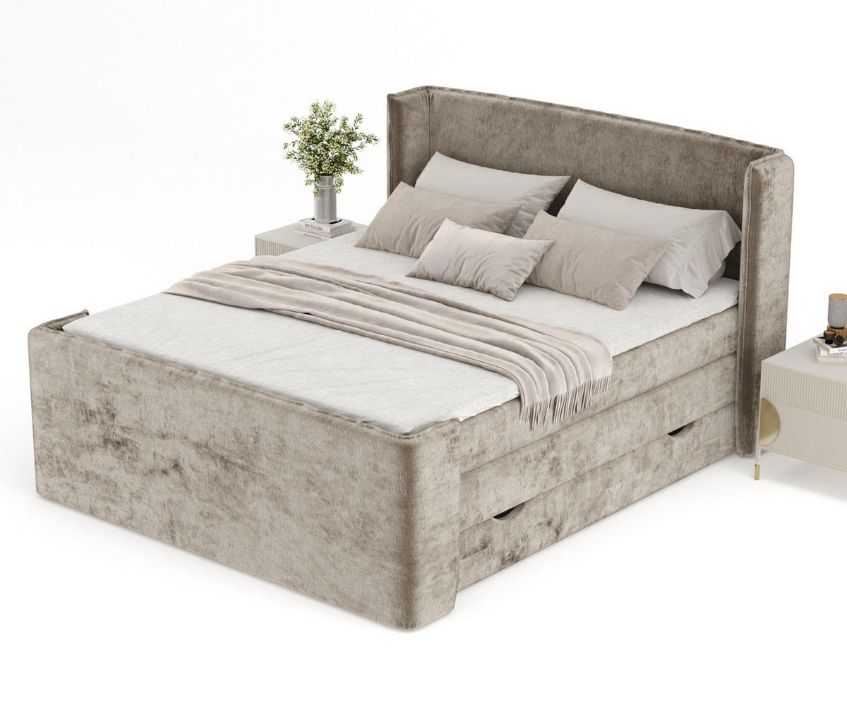 BOXSPRINGBETT Freeland Beige 140/200 cm mit Matratze und Topper - Beige/Schwarz, Holz/Holzwerkstoff (140/200cm) - Maison de Reve