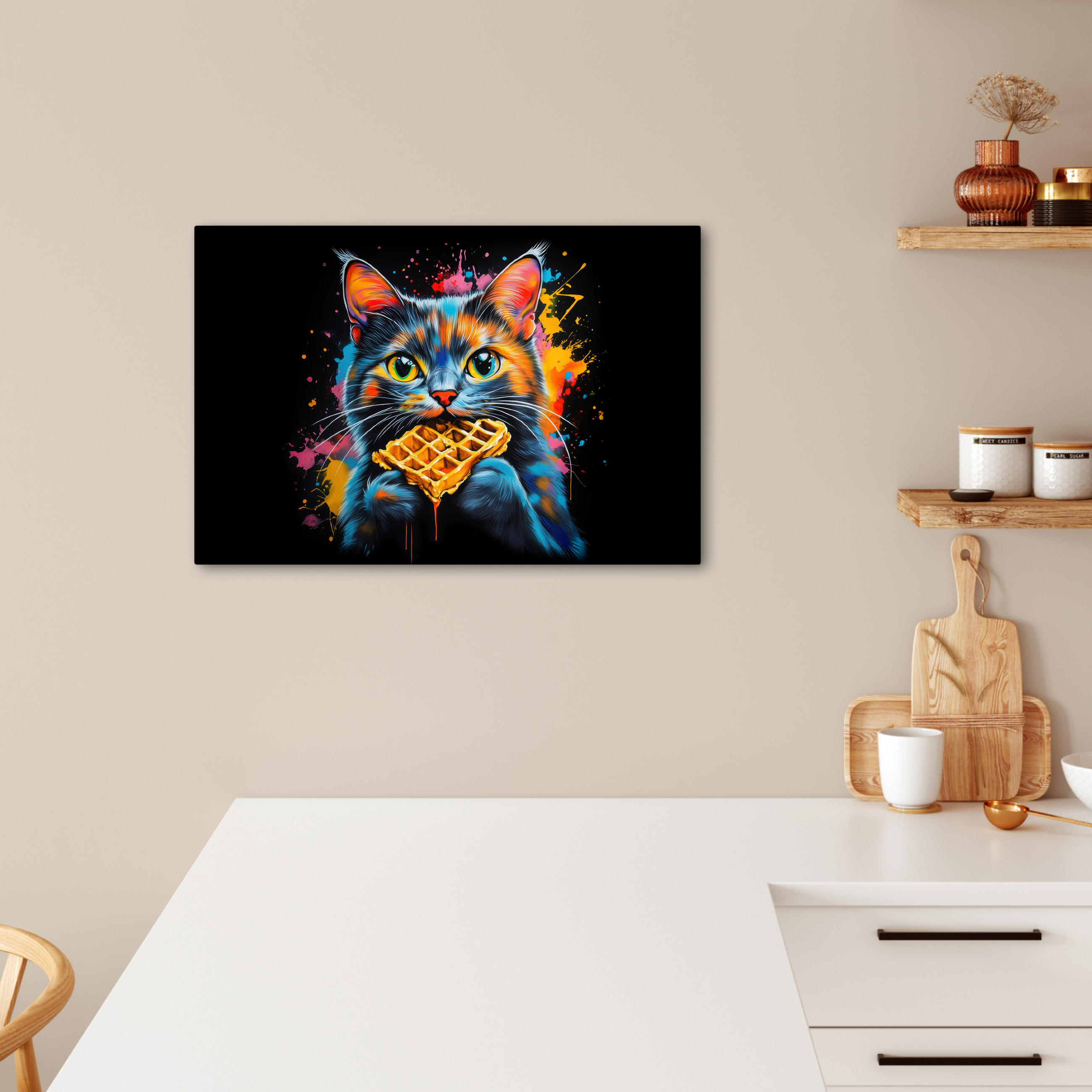 LEINWANDBILD Katze - Graffiti - Bunt - Waffel - Essen Gemälde 60x40 cm - Türkis, Textil (60/40cm) - MuchoWow