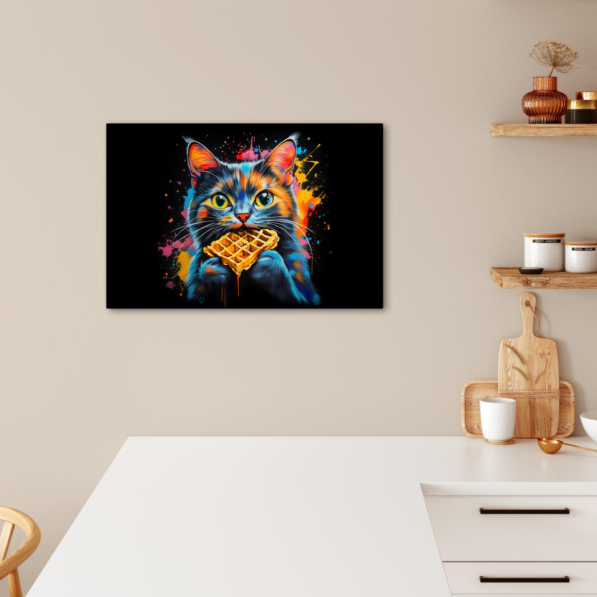 LEINWANDBILD Katze - Graffiti - Bunt - Waffel - Essen Gemälde 60x40 cm - Türkis, Textil (60/40cm) - MuchoWow