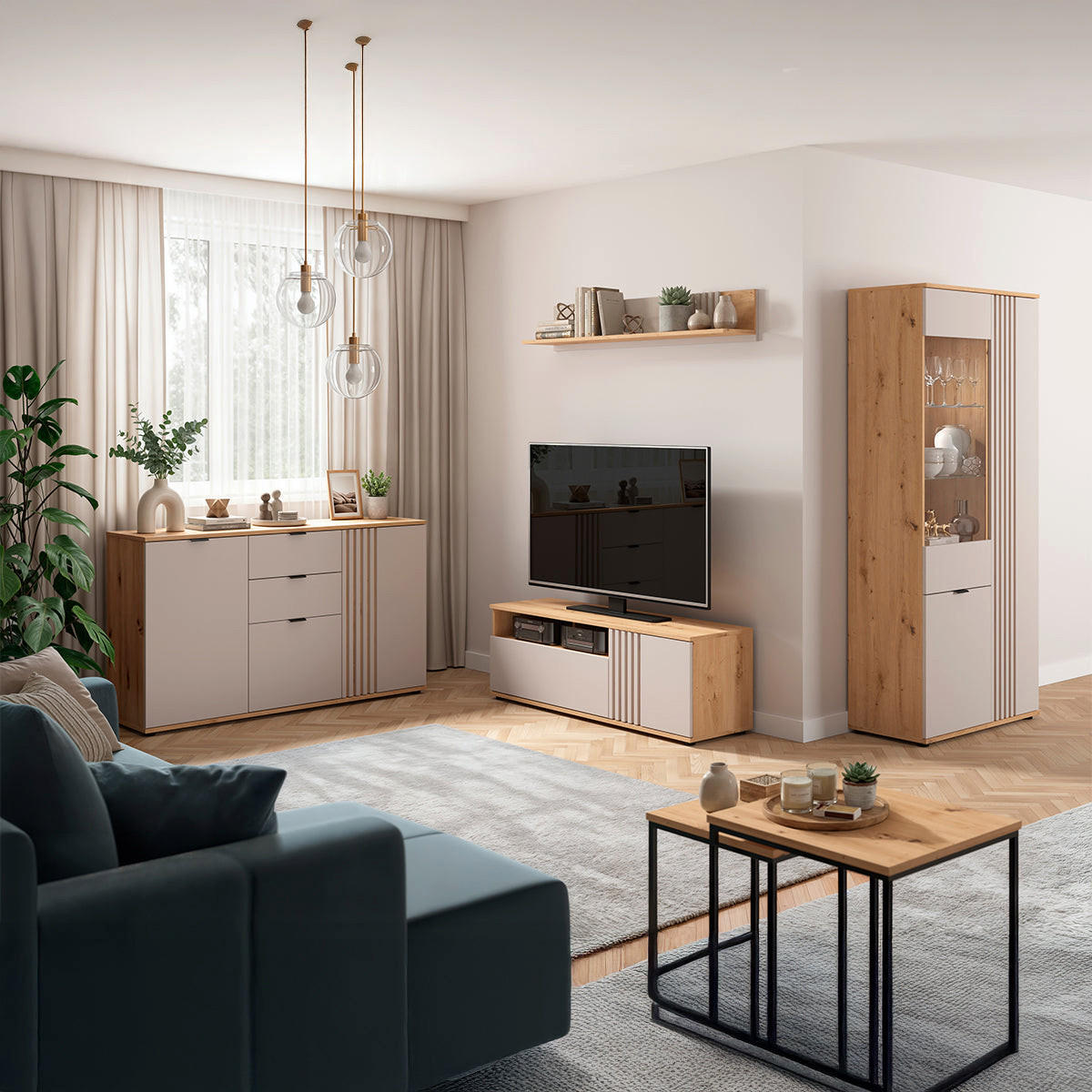 TV STOLÍK Ezra Kašmír a drevo - béžová, kompozitné drevo (135.5/46.5/40cm) - Petits-meubles