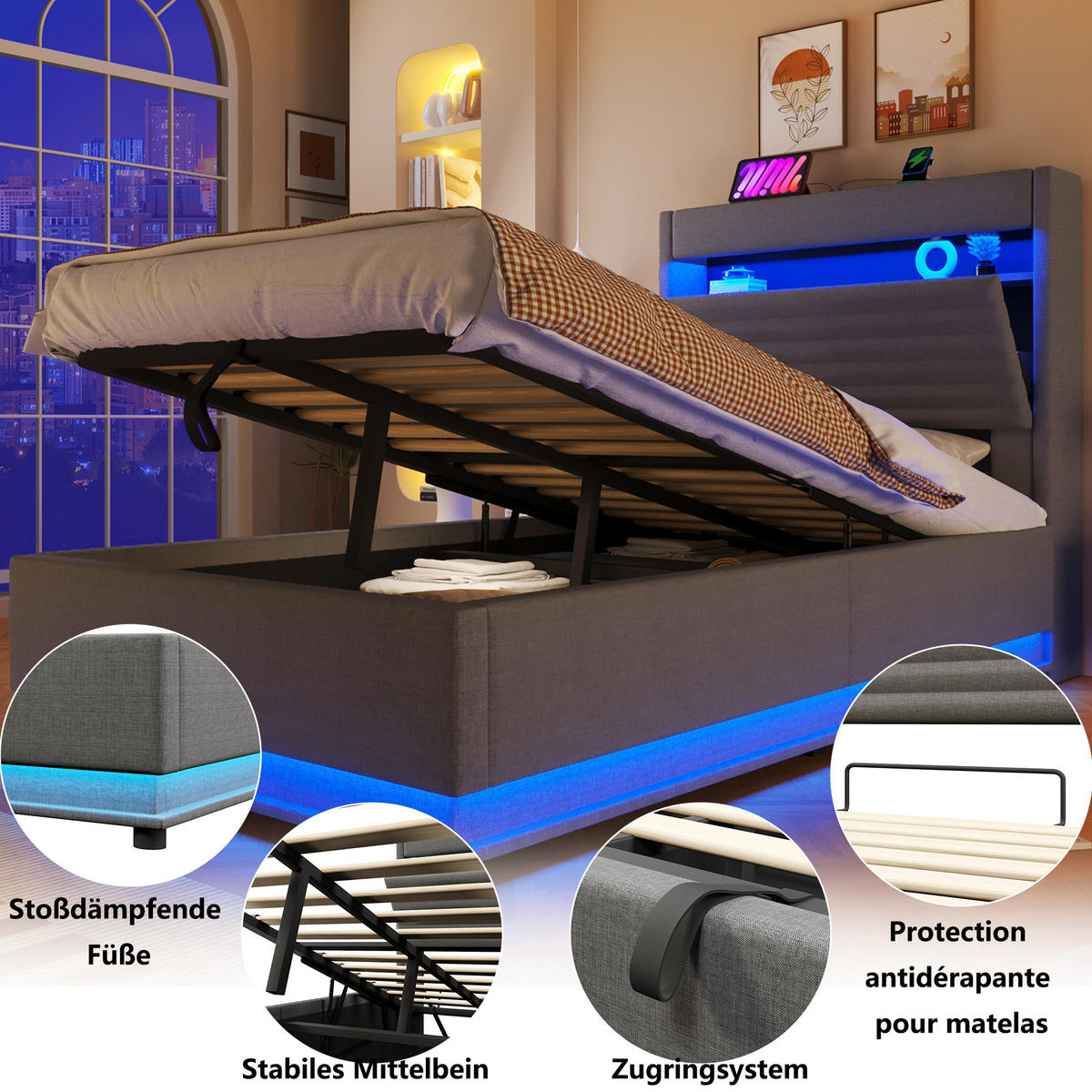 ČALOUNĚNÁ POSTEL 90x200cm Úložná LED USB-C Len Šedá - šedá, přírodní materiály (90/200cm) - FLIEKS