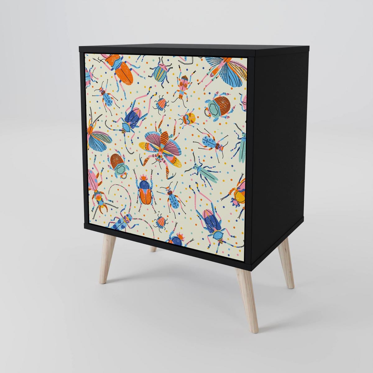 SIDEBOARD COLORFUL INSECTS, Schwarz, 57,5x42x72,5 cm, Schwarze Metallfüße - Multicolor/Schwarz, Holzwerkstoff/Metall (57.5/72.5/42cm) - SpaceRebels