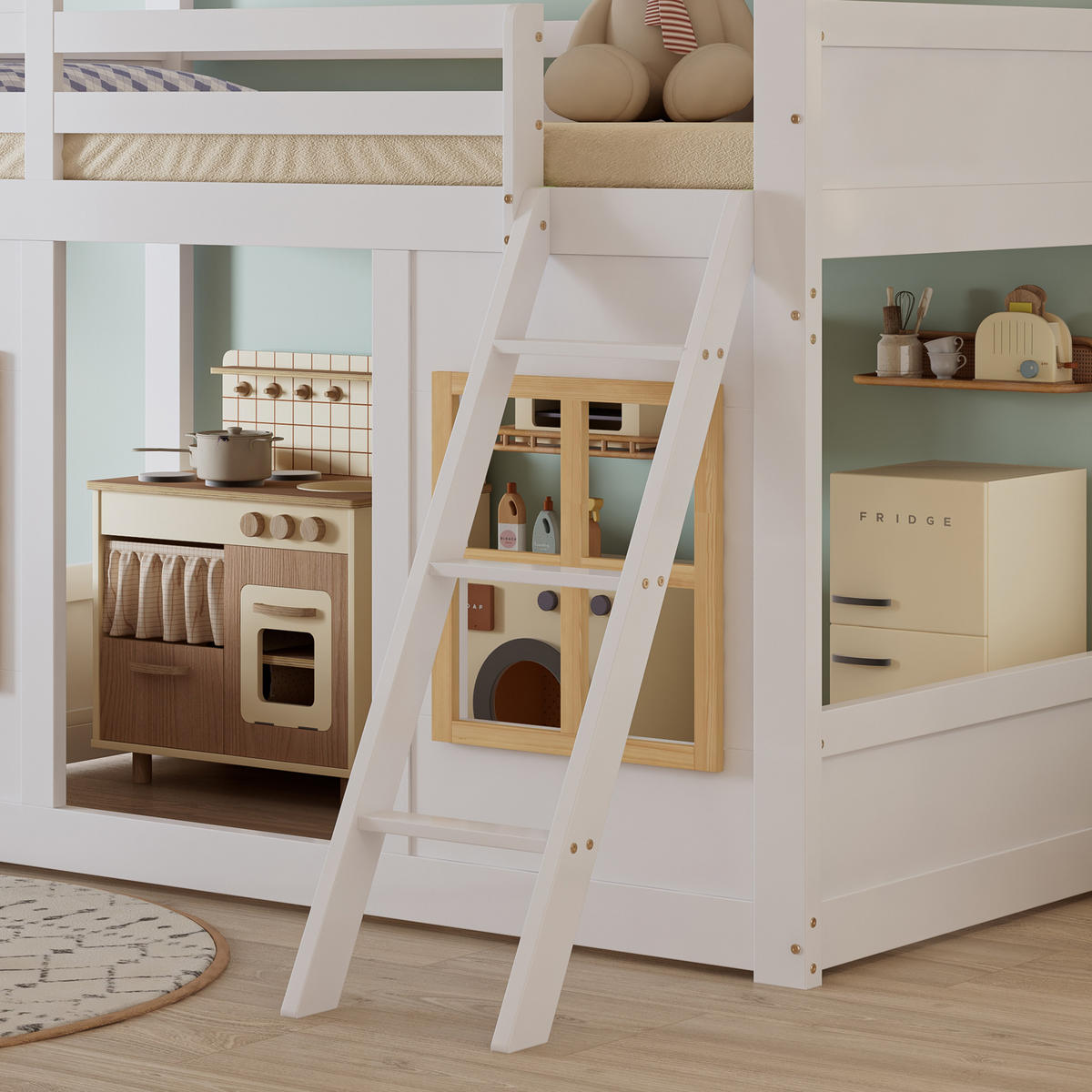 ETAGENBETT 90/200 cm in Weiß & Natur Kinderbett mit Trittleiter, Umzäunung und Fenstern - Weiß, Holz/Holzwerkstoff (90/200cm) - STILVORA