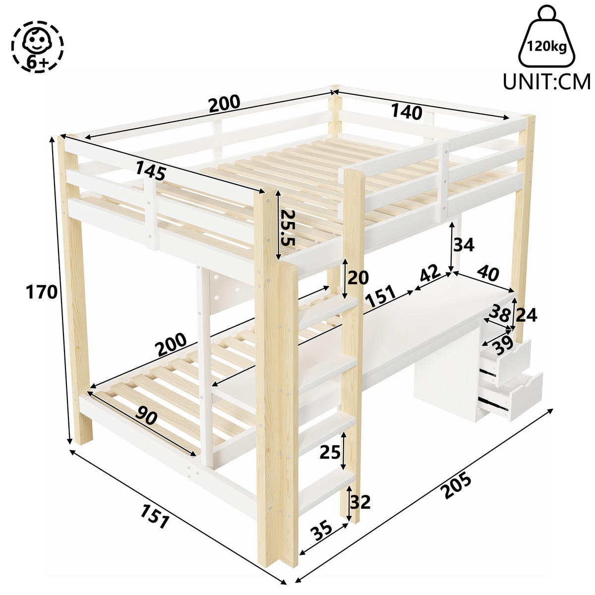 HOCHBETT 90/200 cm & 140/200 cm in Natur/Weiß mit Schubladen, Schreibtisch, Lochplatte und LED - Weiß/Naturfarben, Holz/Holzwerkstoff (140/200cm) - CHICFURN