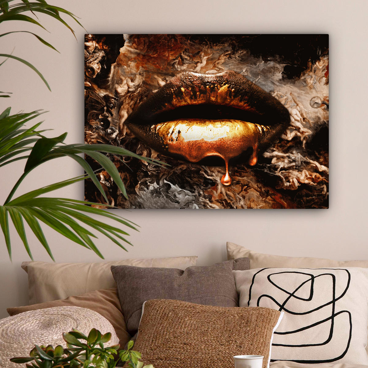 LEINWANDBILD Gold - Lippen - Kunst - Gold - Luxus - Abstrakt Wandbilder 80x60 cm - Bronzefarben, Textil (80/60cm) - MuchoWow