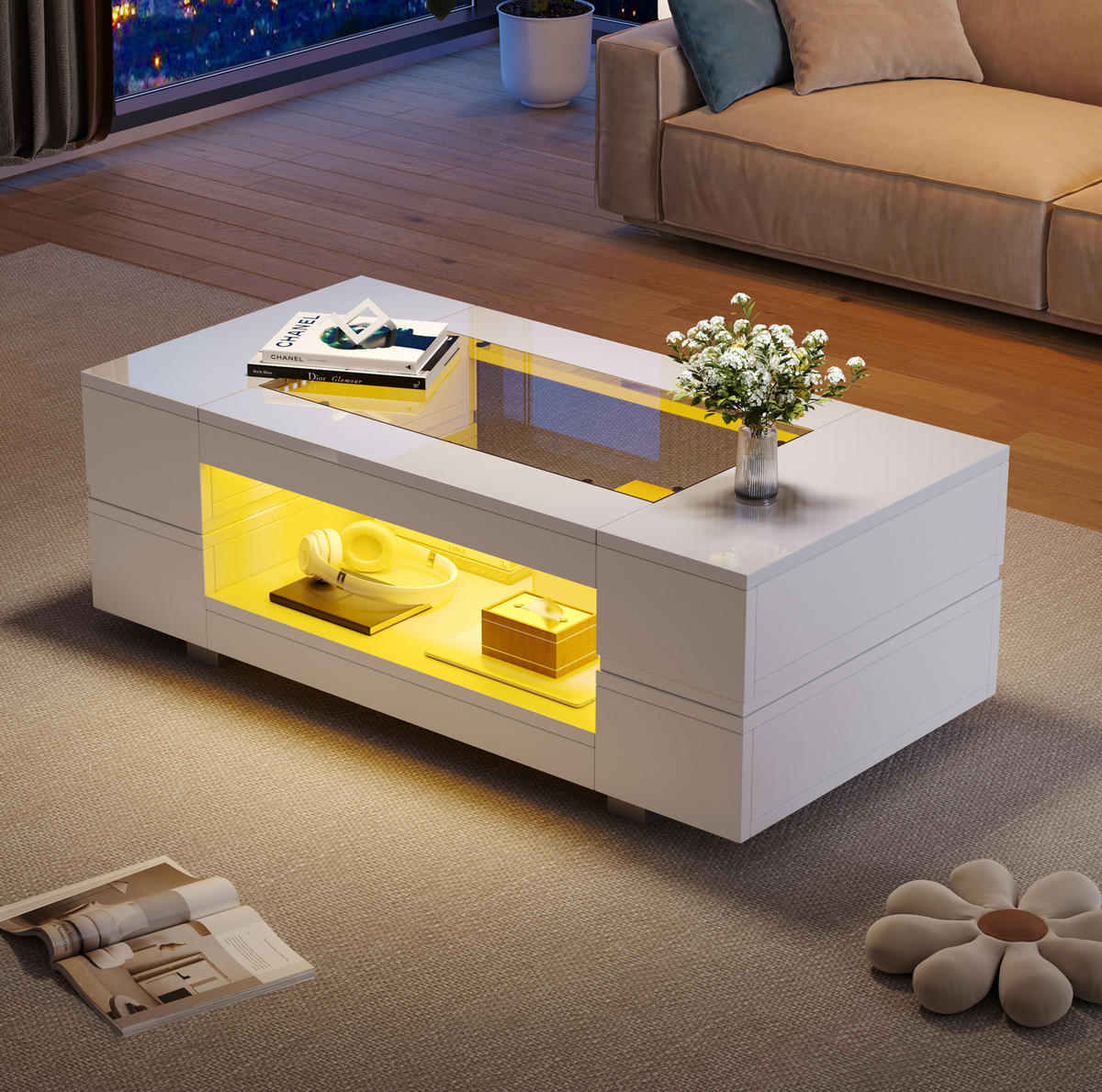 KONFERENČNÍ stolek z dřevotřísky 100x50x35 cm bílý s LED osvětlením, skleněnou deskou a úložným prostorem - bílá, kompozitní dřevo (100/50/35cm) - Modfu