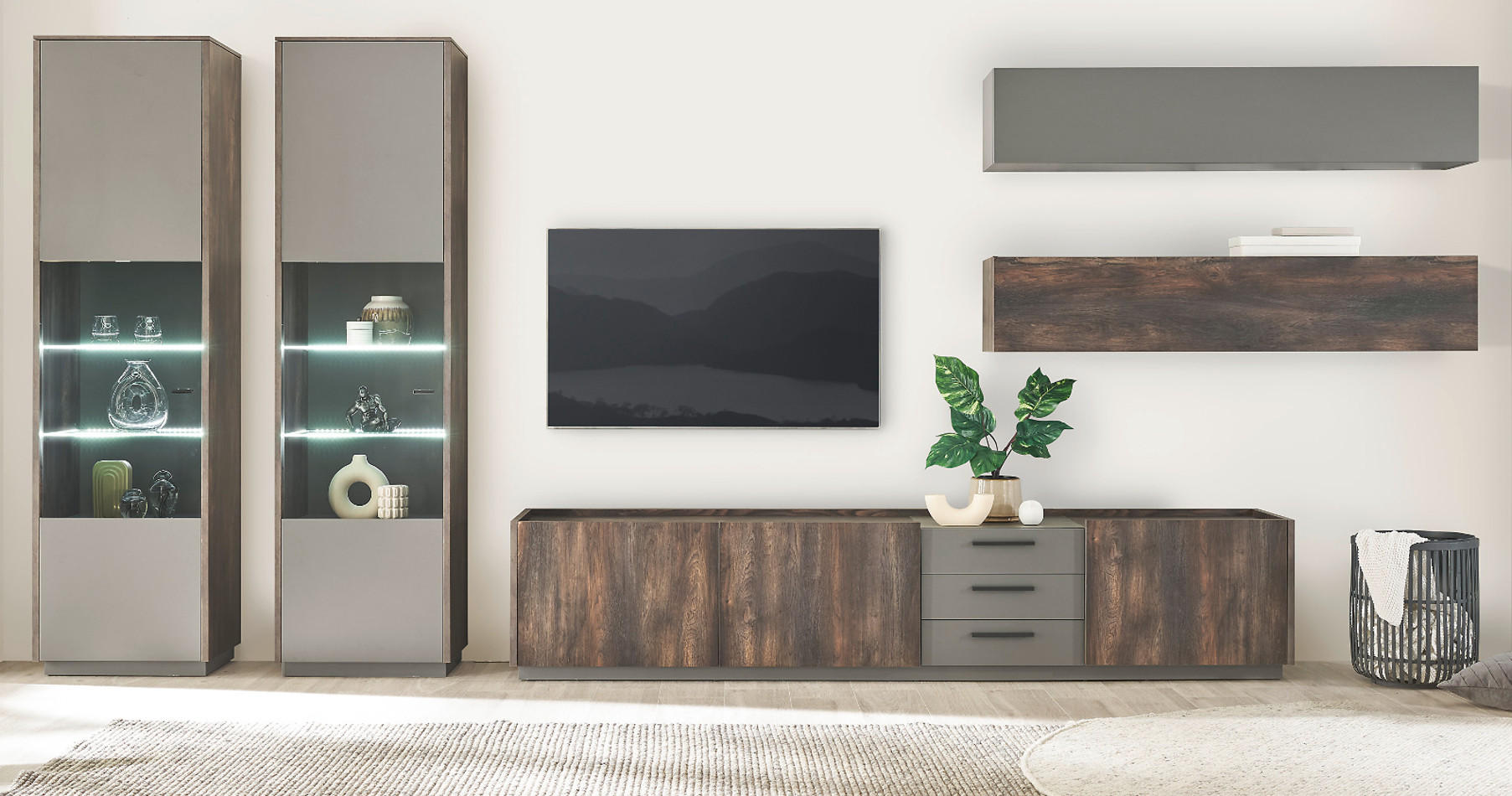 WOHNWAND Thermo Eiche, grau, Set 5-teilig mit XXL TV-Lowboard und Soft-Close - Eichefarben/Grau, Holzwerkstoff/Metall (466/200/45cm) - Furn.Design
