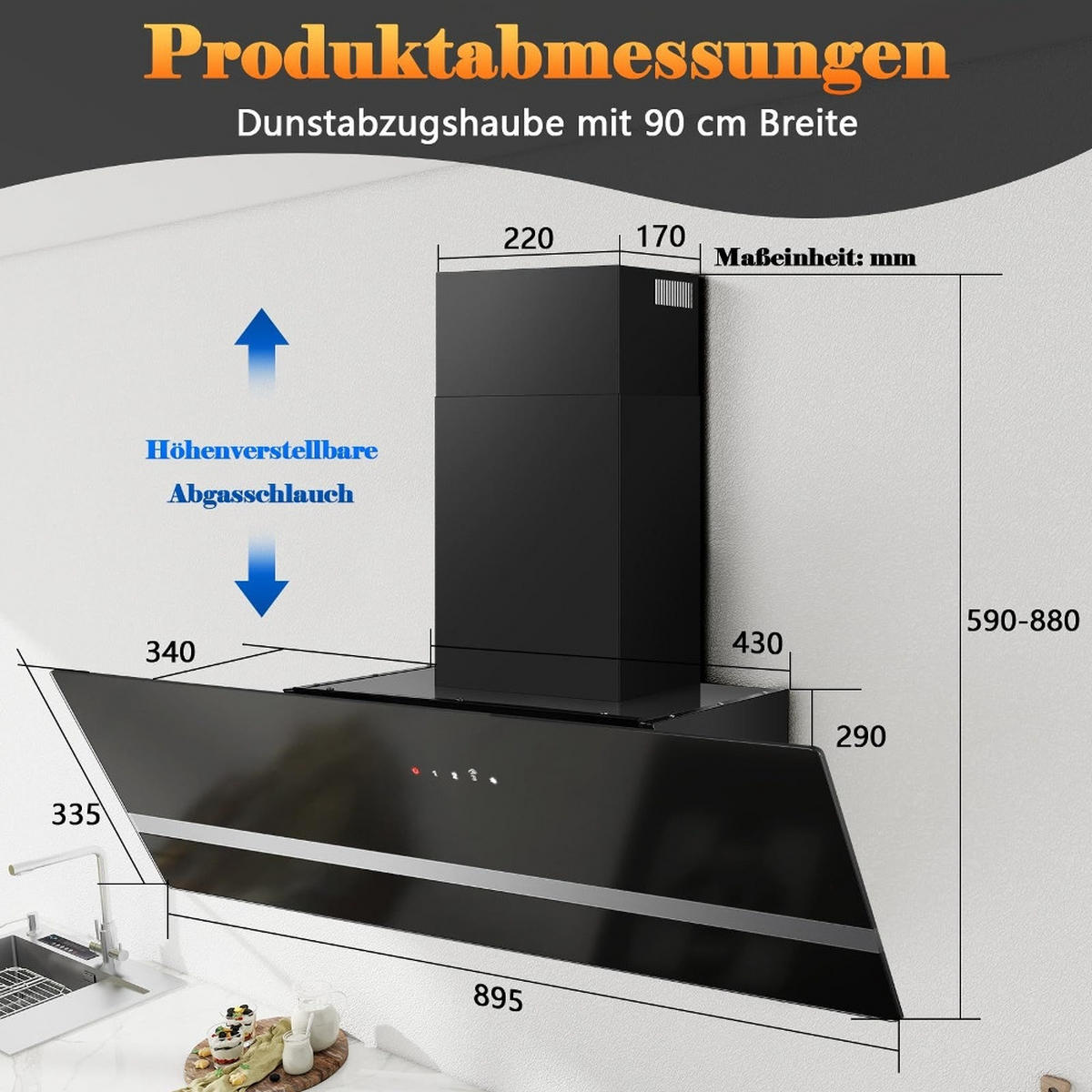 DUNSTABZUGSHAUBE Schräghaube, ABLUFT UND UMLUFT, TOUCH CONTROL, Metall Schwarz, Wandhaube für Küche, 90/40/35 cm - Schwarz, Metall (35.1/44.5/95.4cm) - Rolipo