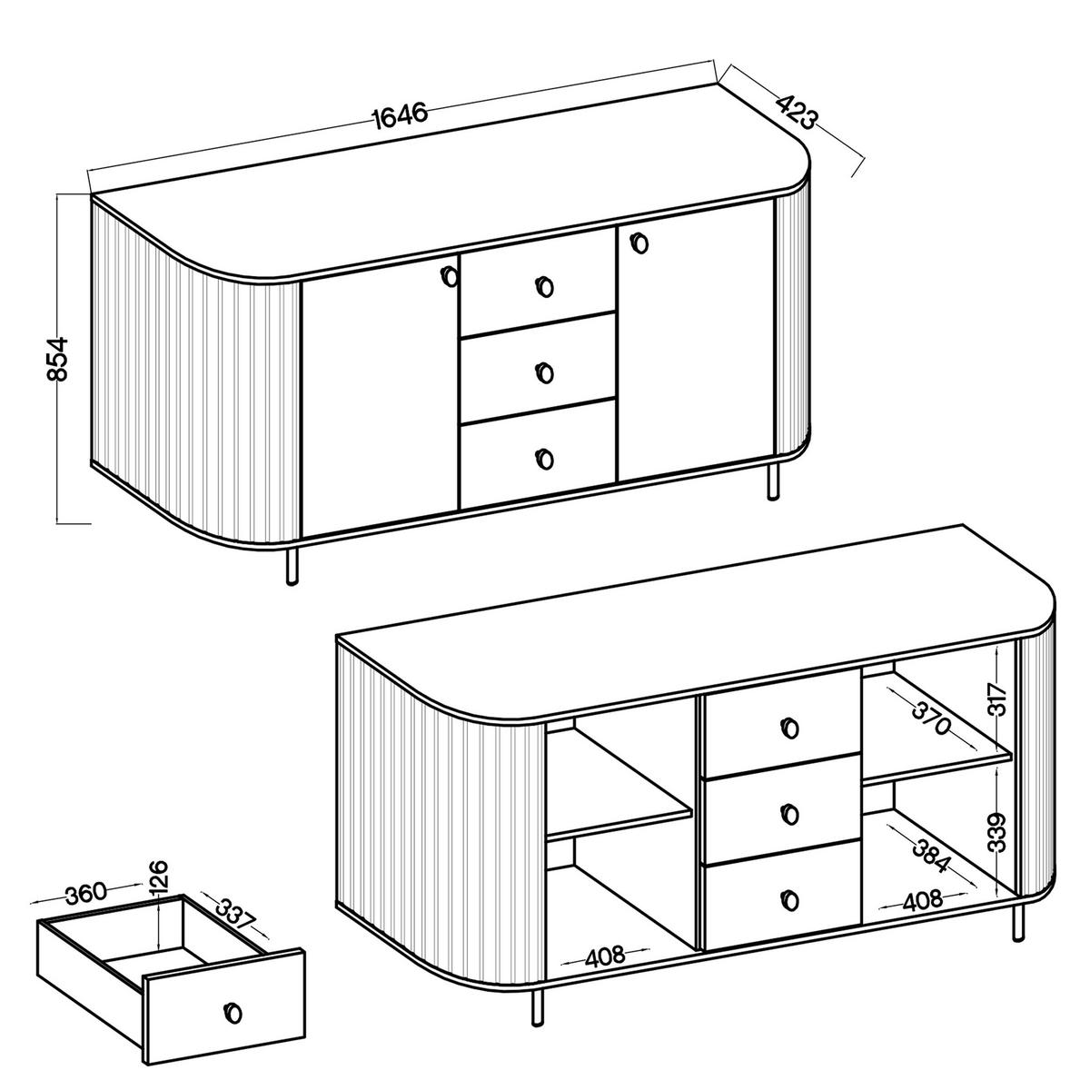 SIDEBOARD Halay Beige, 2 Türen & 3 Schubladen Moderne Rillenstruktur 164,6 cm - Beige/Goldfarben, Holzwerkstoff/Metall (164.6/85.4/42.3cm) - AX Living