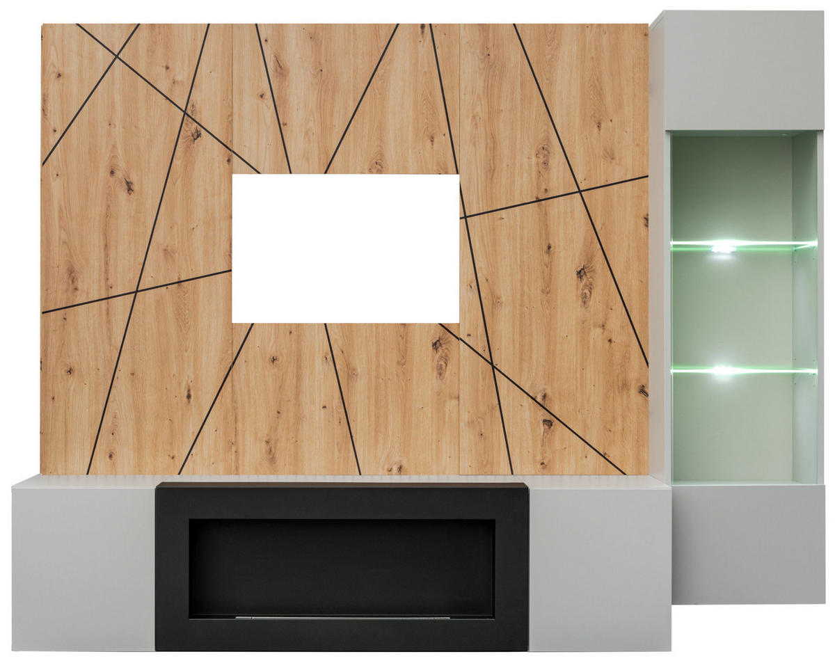 WOHNWAND hellgrau, schwarz, Eiche Artisan, Schrankwand 200 cm inklusive Ethanol Kamin - Hellgrau/Schwarz, Glas/Holzwerkstoff (200/148/35cm) - Inn.Furn
