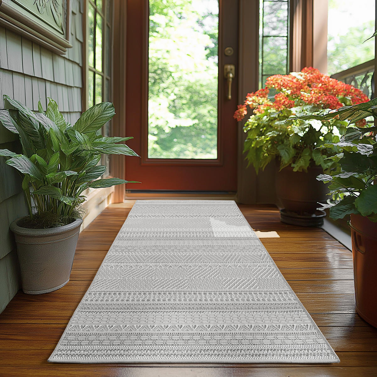 TEPPICH Outdoor Flachgewebe Ethno Muster Polypropylen Balkon Grau Läufer 80x250 - Grau, Textil (80/250cm) - KADIMA DESIGN