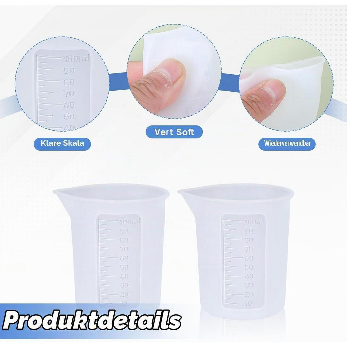 MESSBECHER 2-teiliges Set 100ml Silikon mit Präzisionsskala - Blau, Kunststoff (0.1L)