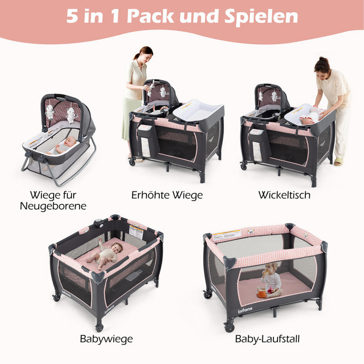 BEISTELLBETT mit Matratze grau - Pink, Textil - COSTWAY
