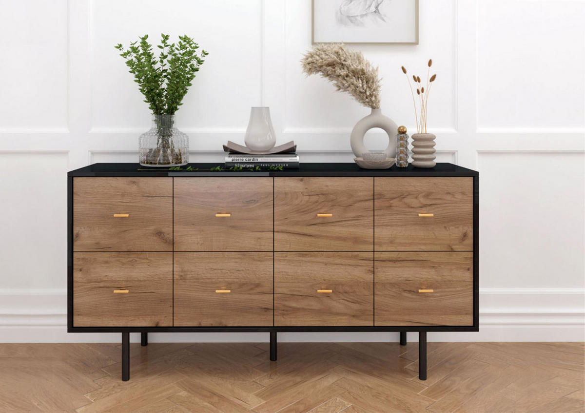SIDEBOARD Maud, 8 Schublade, Schwarzer Hochglanz + Eiche Dekor, 163 cm - Eichefarben/Schwarz, Holzwerkstoff/Metall (163.6/83.6/40cm) - Skandica