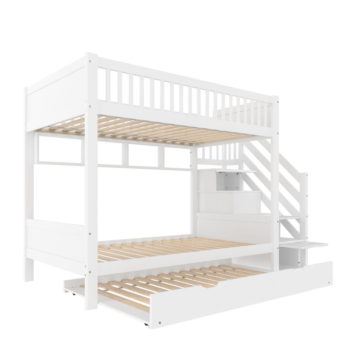 ETAGENBETT 90/200 cm mit Ausziehbett, Kleiderschrank, Regal und Stauraumtreppe aus Kiefern , Weiß - Weiß, Holzwerkstoff (90/200cm) - Redom
