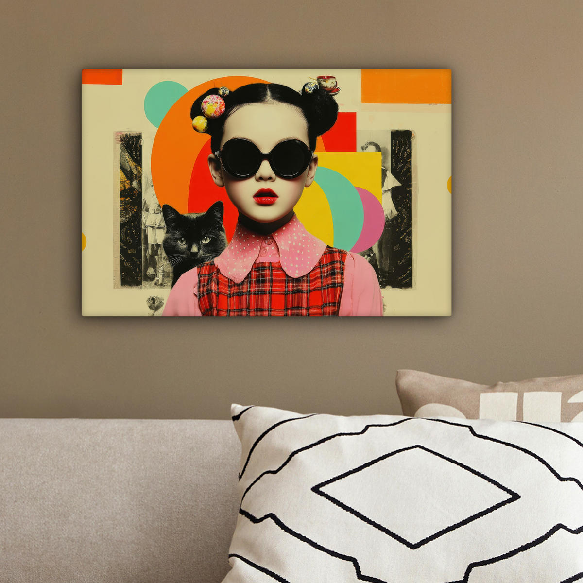 LEINWANDBILD Mädchen - Sonnenbrille - Katze - Retro Deko Schlafzimmer 30x20 cm - Beige, Textil (30/20cm) - MuchoWow