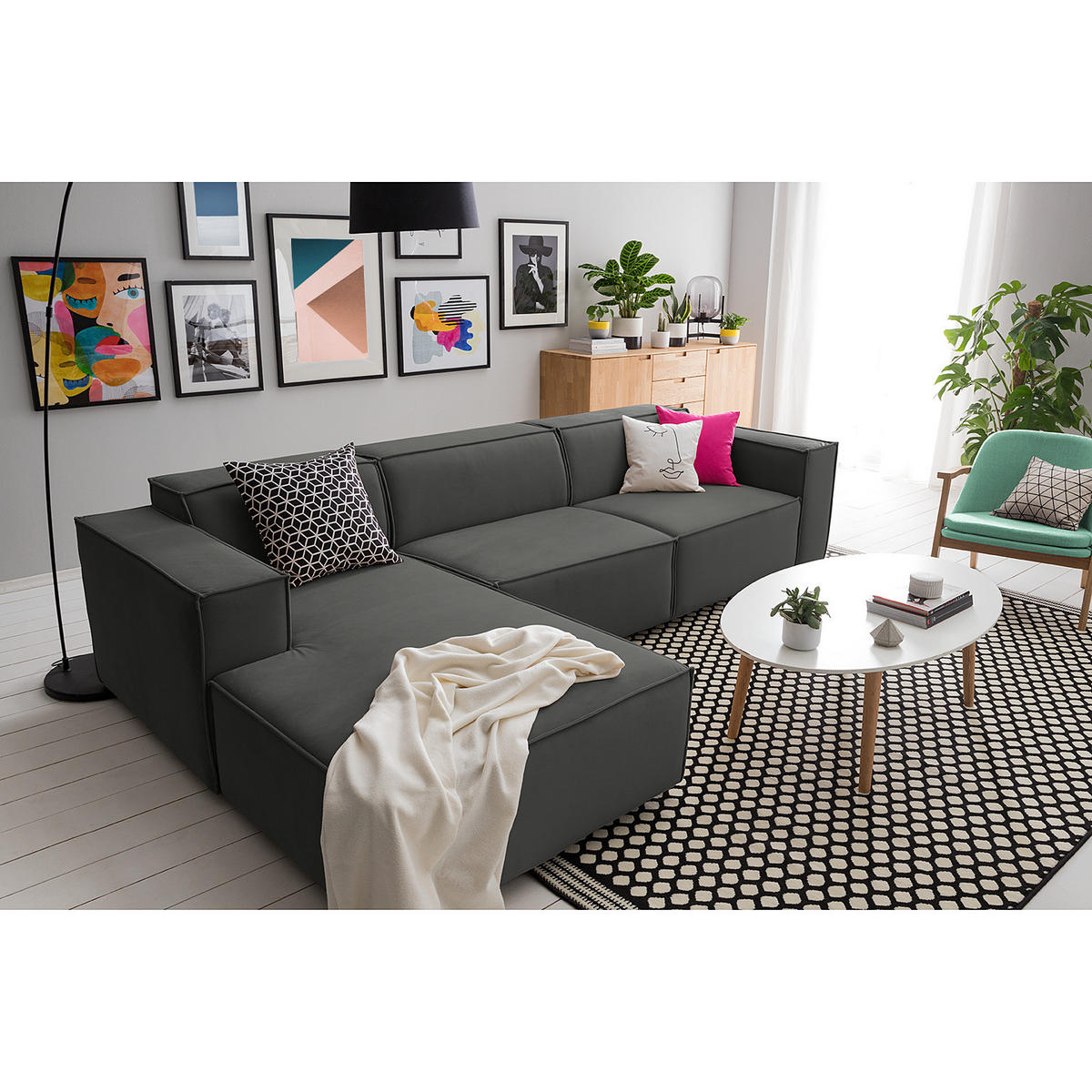 ECKSOFA mit Longchair - Schwarz/Grau, Kunststoff/Textil (294/177cm) - home24