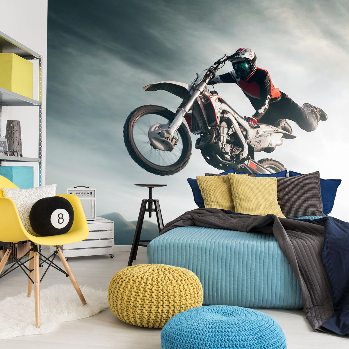 FOTOTAPETE für Jugendzimmer Motocross Sprung Mann Sport Berge Action 100x70 - Grau, Papier (100/70cm) - Muralo