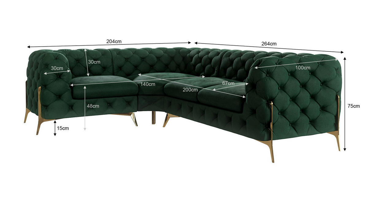 ECKSOFA Chesterfield Lexi Flasche Grün Samt, Ottomane links - Smaragdgrün/Goldfarben, Holz/Textil (264/204cm) - S-Style Möbel