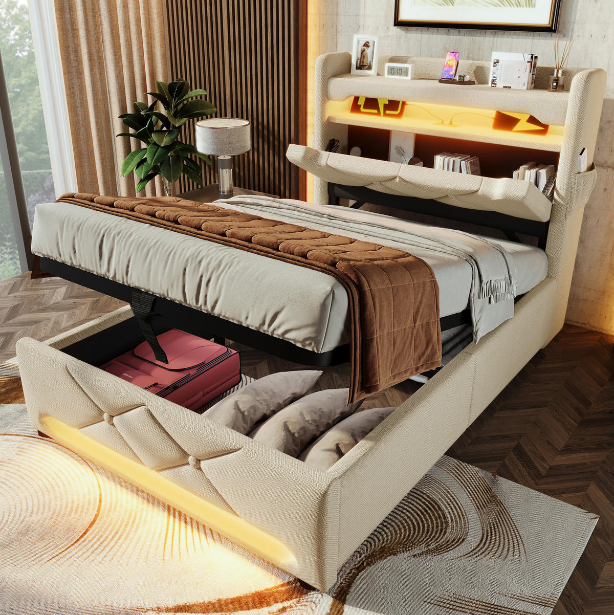 POLSTERBETT 90/200 cm Beige mit Matratze, LED-Beleuchtung und USB-Anschlüssen - Beige, Textil (90/200cm) - Flora Grace