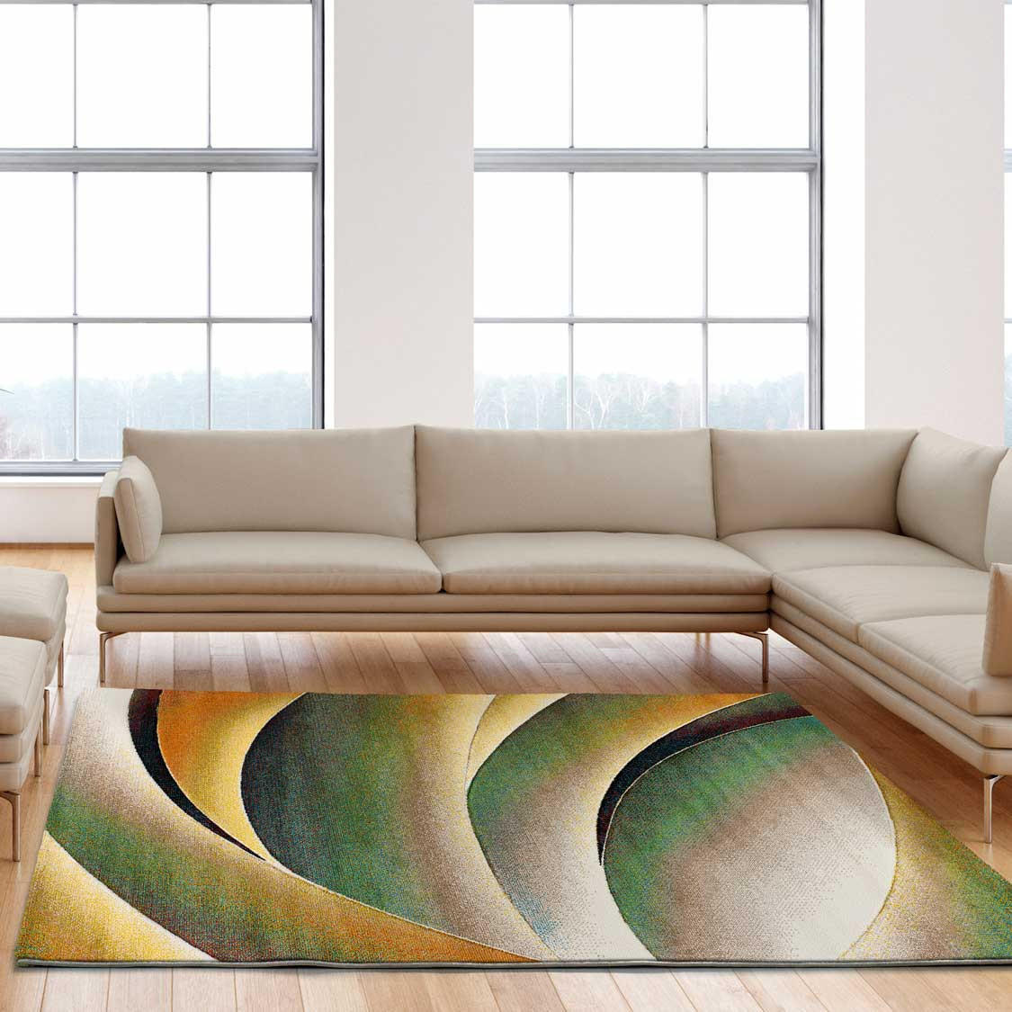 Thumbnail - Atticgo Webteppich, Grün, Orange, Beige, Textil, Grafikmuster, Rechteckig, 140x200 cm, Oeko-Tex® Standard 100, für Fußbo...