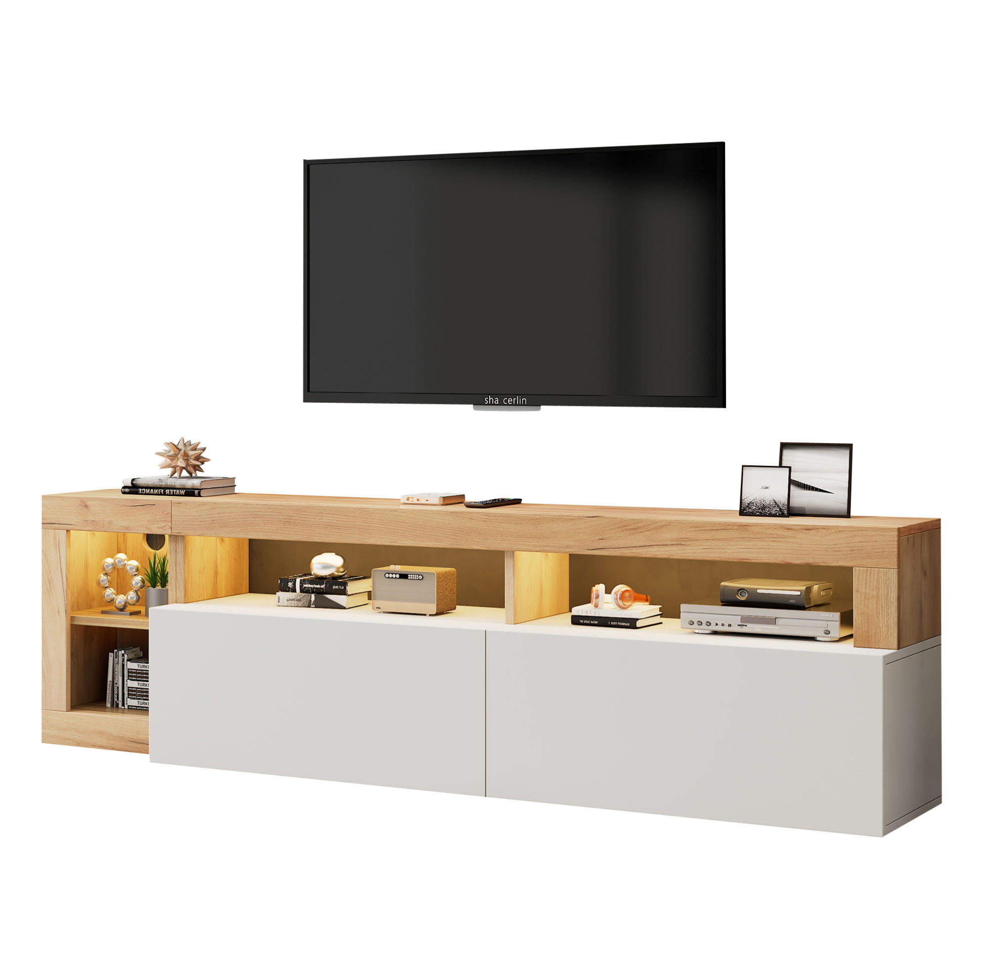 TV stolek 184/42/58 cm bílý z dřevotřísky s LED osvětlením a úložným prostorem - bílá, kompozitní dřevo (184/58/42cm) - OKWISH