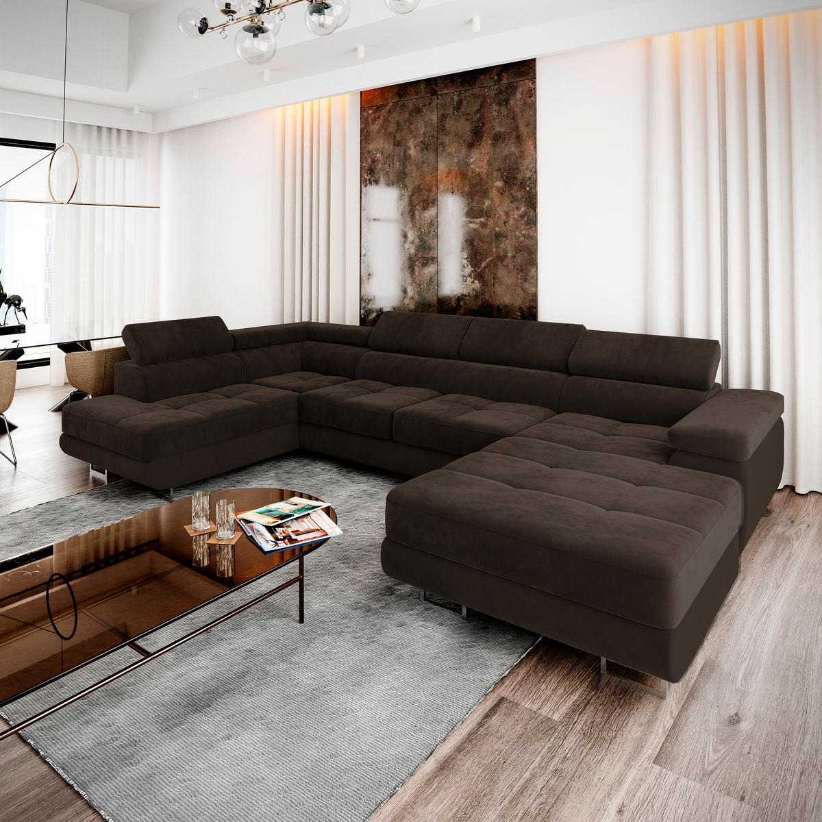 WOHNLANDSCHAFT CASONE L-S Braun Velours-Stoff mit Schlaffunktion - Braun, Holz (345/90/202cm) - MASSENO