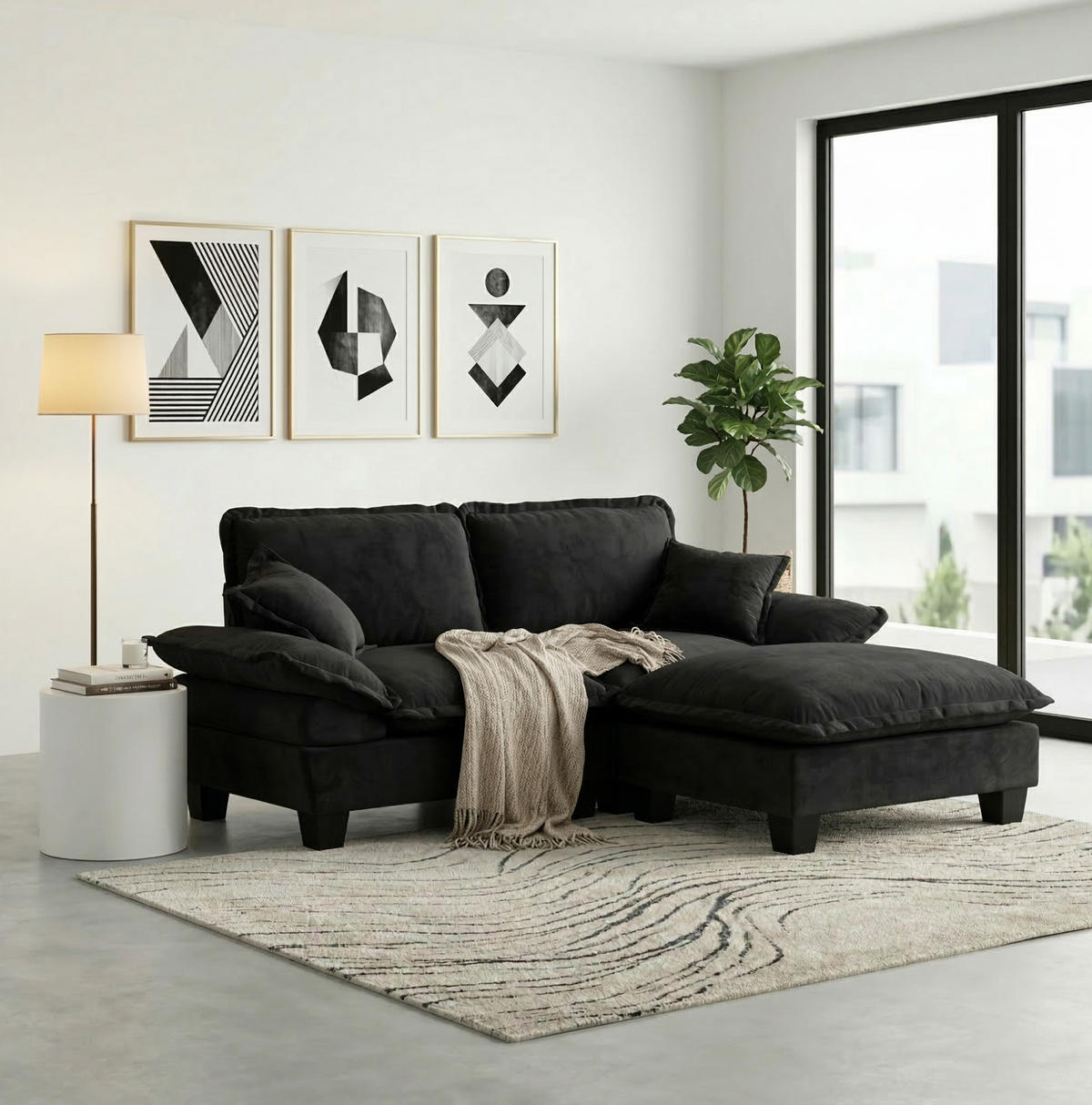SOFA modular mit Ottomanen 194 x 151 cm Chenille Schwarz - Schwarz, Holzwerkstoff (151/194cm) - Meubliv