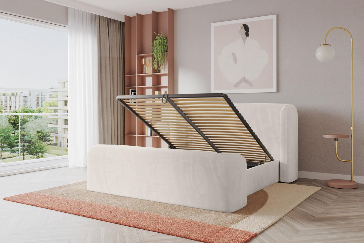 POLSTERBETT mit Bettkasten, Fußteil und Lattenrost, Boxbett ohne Matratze - ESTI-Z 160x200 Beige - Greige, Holzwerkstoff/Textil (160/200cm) - ALTDECOR