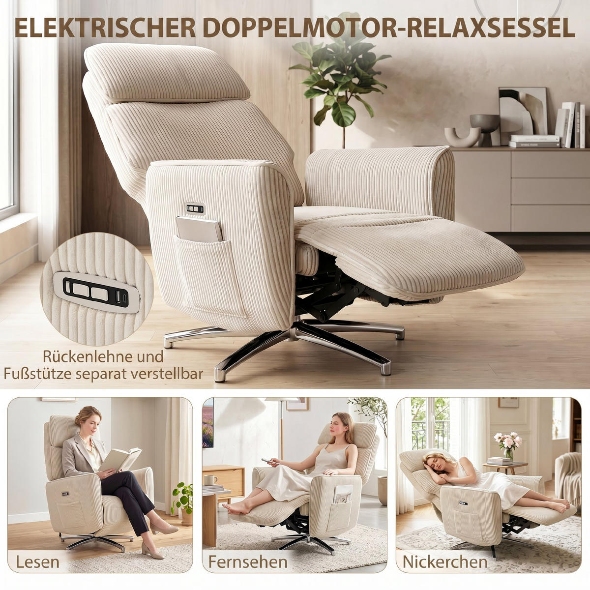 RELAXSESSEL Polyester Cremeweiß - Silberfarben/Creme, Textil/Metall (76/114/87cm) - HOMCOM