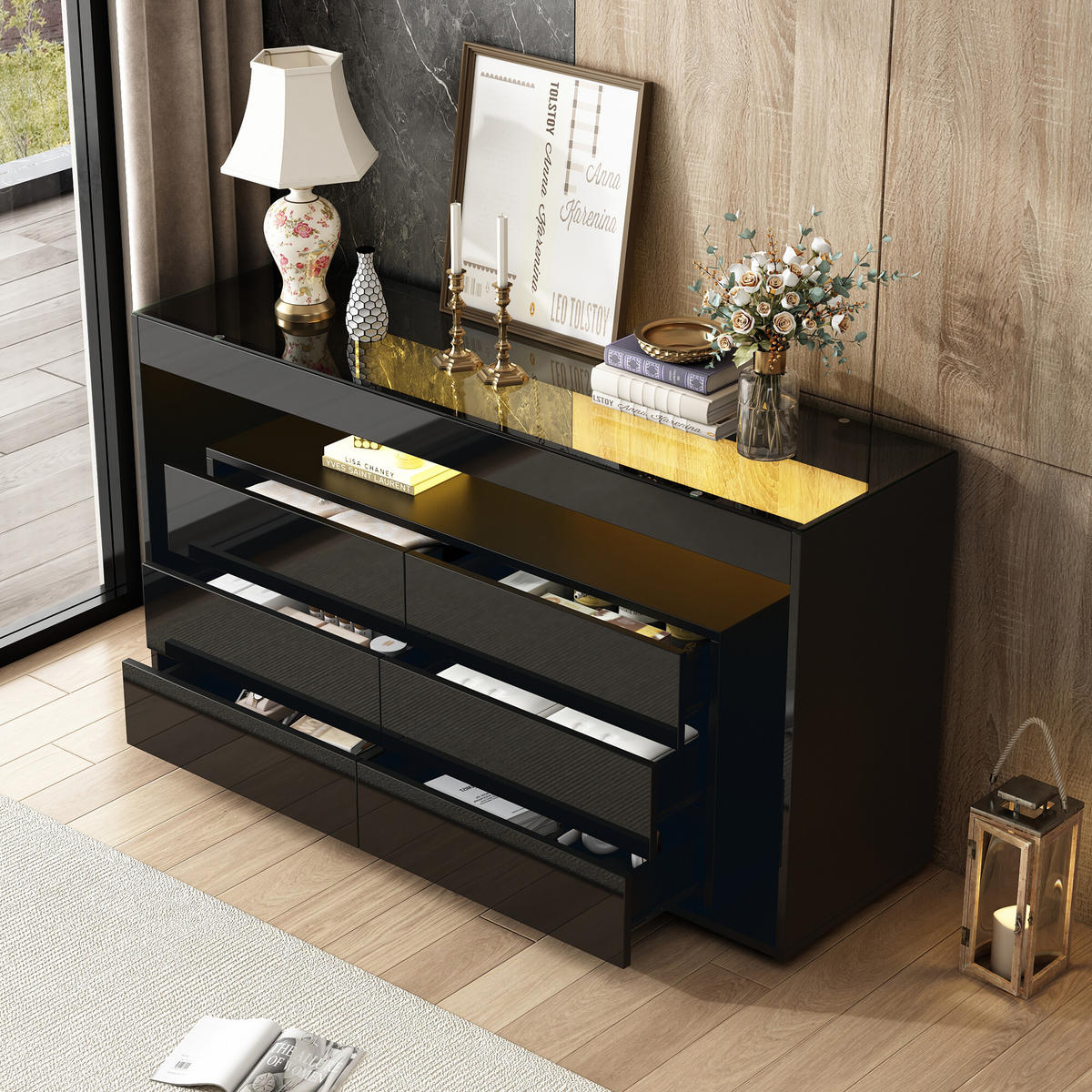SIDEBOARD mit 6 Schubladen und LED Schwarz - Schwarz, Glas/Holzwerkstoff (40/72/140cm) - Urban Meuble