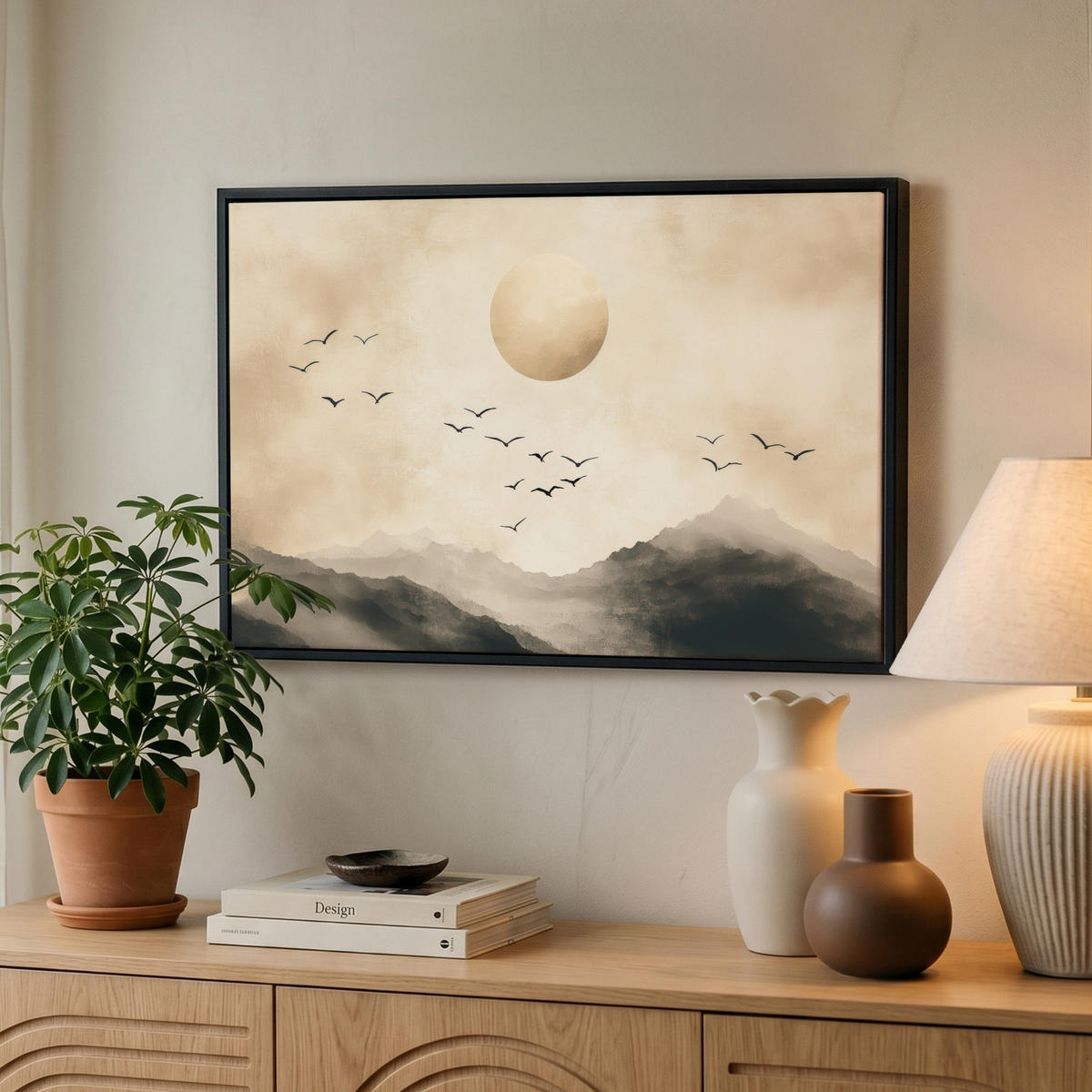 LEINWAND Bilder mit Rahmen - Landschaft - Japandi - Vogel - 60x40 - Beige, Textil (60/40cm) - MuchoWow