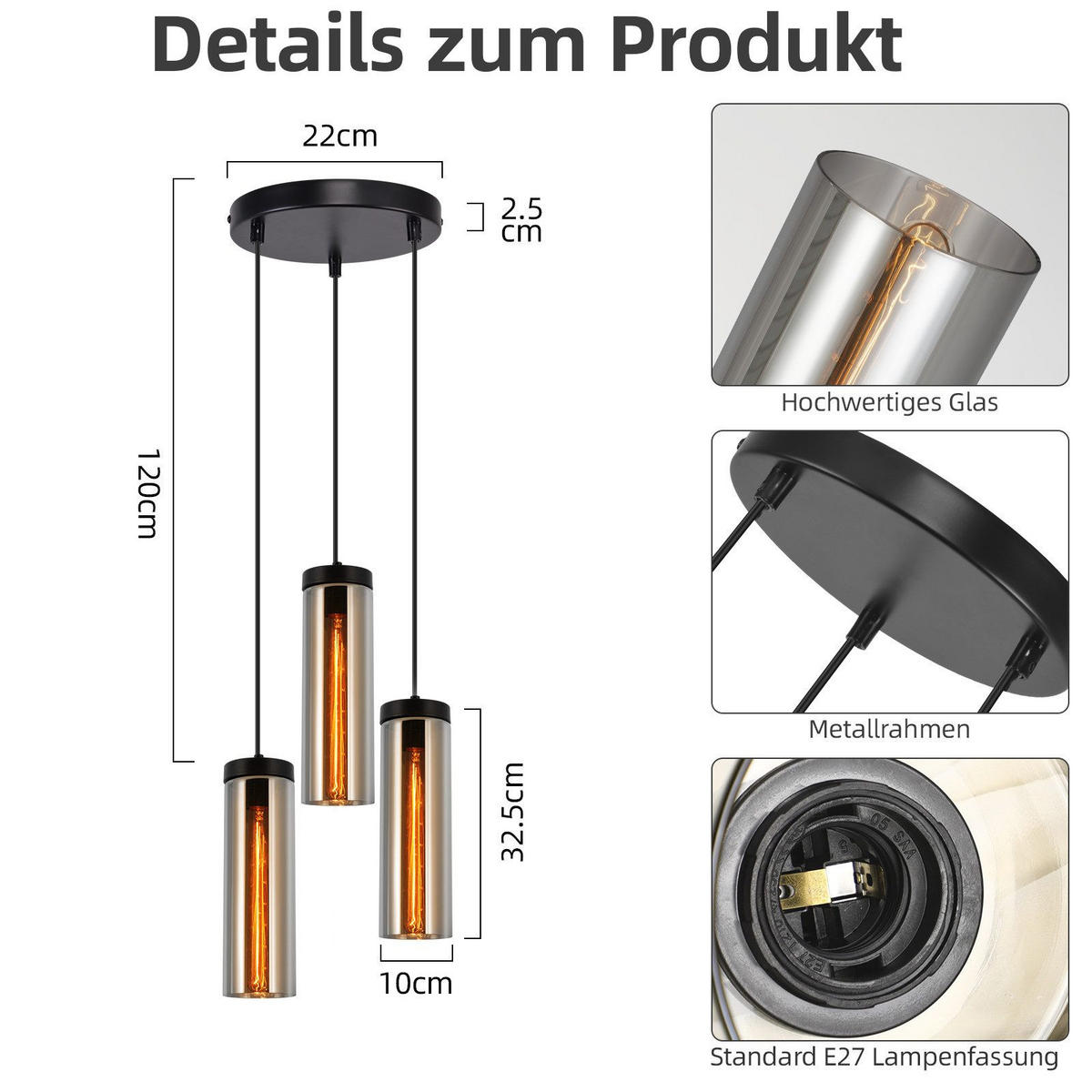 HÄNGELEUCHTE Marsden 22/22/158 cm - Schwarz, Metall (22/22/158cm) - Nettlife