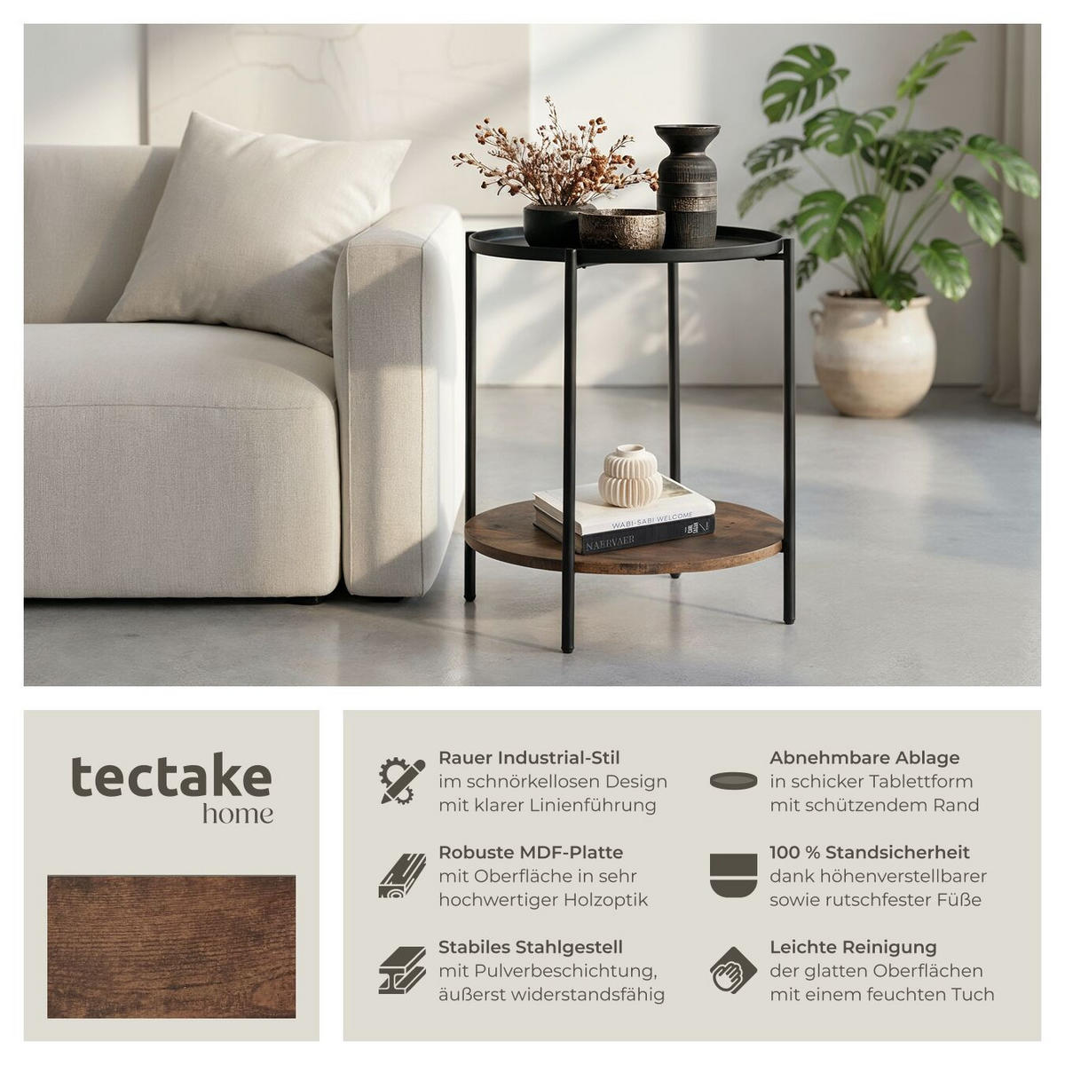 BEISTELLTISCH Sunderland,45,5 x 54,5 cm,Industrial Holz dunkel, rustikal - Rostfarben, Holz (45.5/45.5/54.5cm) - tectake