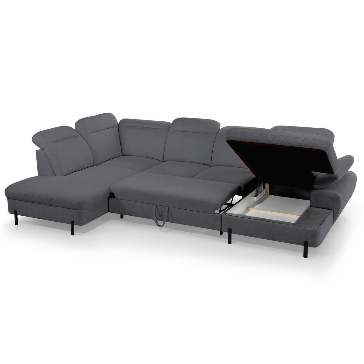 WOHNLANDSCHAFT Sora U mit Schlaffunktion und verstellbarer Sitztiefe, Kopfstützen und Armlehne, 365 cm, Anthrazit, Rechts - Anthrazit/Schwarz, Textil (365/107/235cm) - Beautysofa