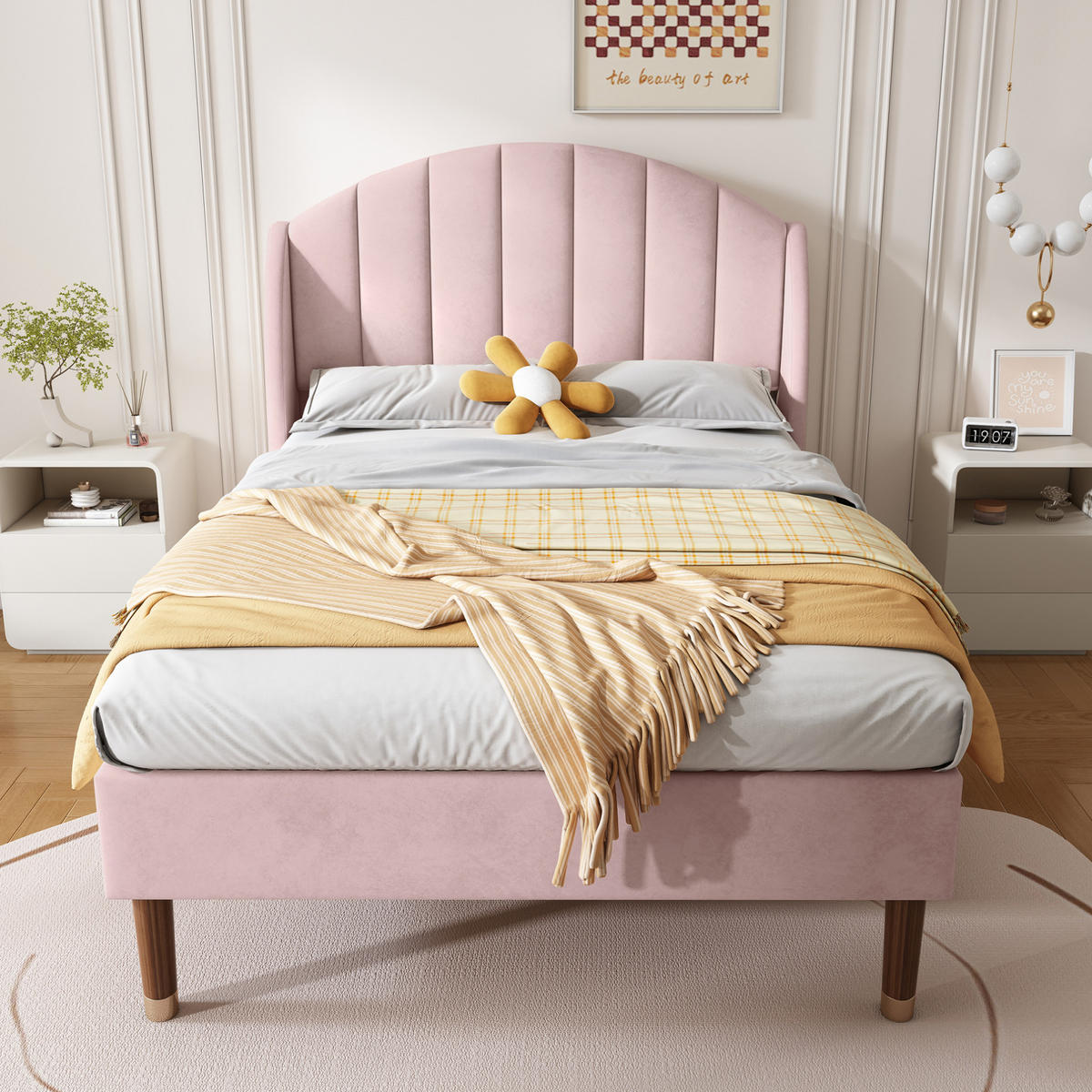 POLSTERBETT 90/200 cm aus Samt mit Lattenrost und hohem Kopfteil Rosa - Rosa, Textil (90/200cm) - Modenvie