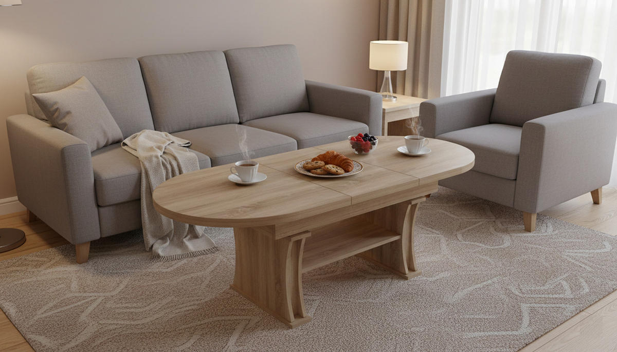 COUCHTISCH oval ausziehbar höhenverstellbar Ablage 130/80/60 cm - Sonoma Eiche, Holzwerkstoff (80/130/60cm) - designimpex