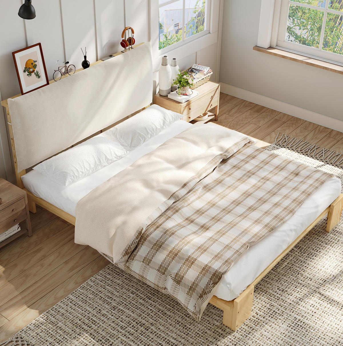 POLSTERBETT 140/200 cm Natur aus Holz und Stoff mit gepolsterter Rückenlehne - Naturfarben, Textil (140/200cm) - OKMYHOME
