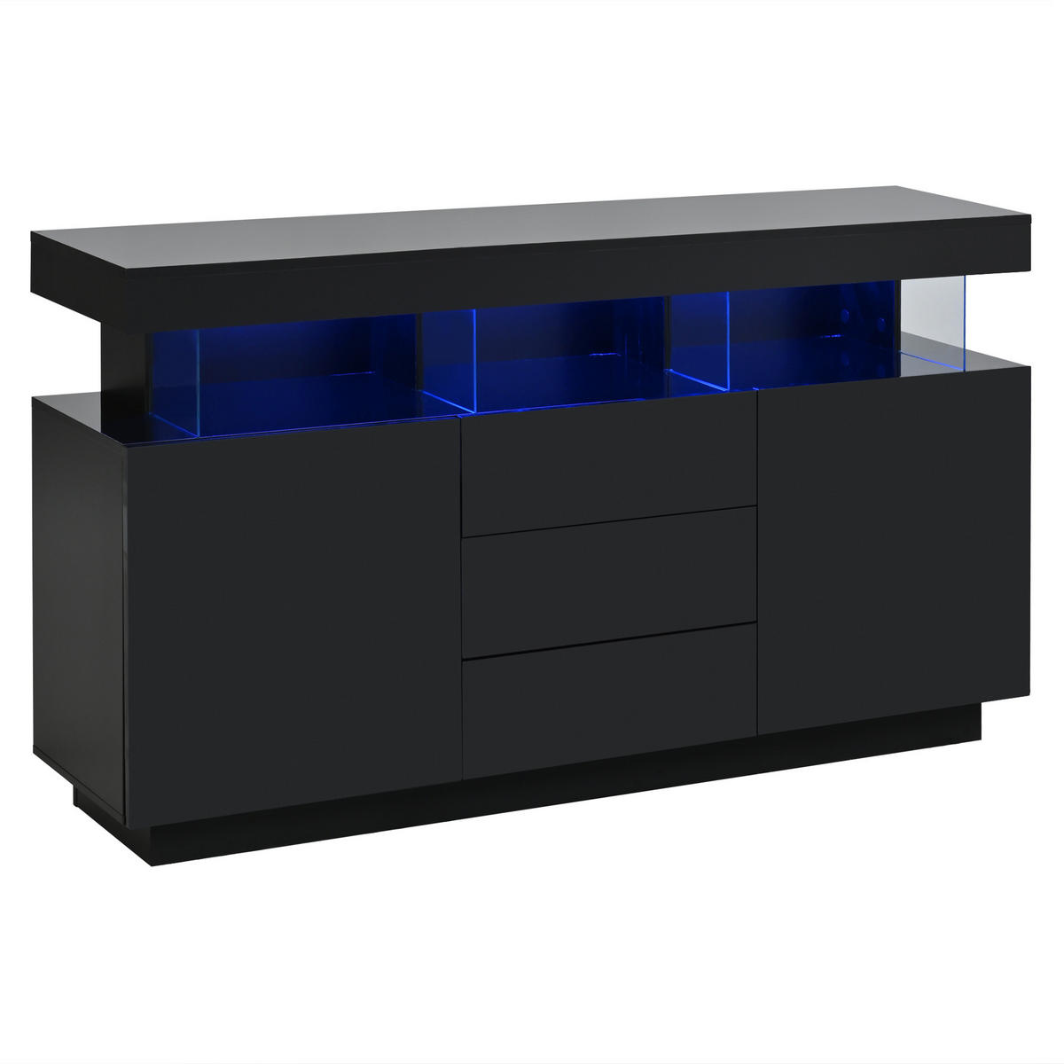 SIDEBOARD Hochglanz mit LED-Beleuchtung, Acryl-Details und 3 Schubladen 140/35/80 cm - Schwarz, Holzwerkstoff/Kunststoff (140/80/35cm) - EVRYAE