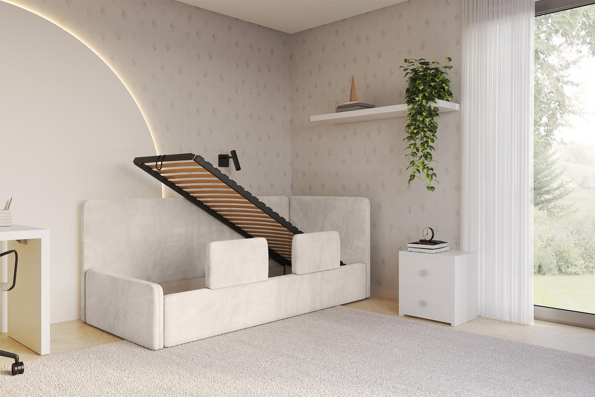 EINZELLBETT Jugendbett mit Bettkasten und Matratze H3/H4, Links - NORY 90x200 Beige - Ecru, Holzwerkstoff/Textil (90/200cm) - ALTDECOR