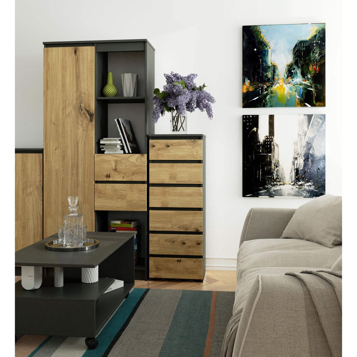 KOMMODE Grau, Eiche Artisan 40x35x109 cm - Eiche Artisan/Grau, Holzwerkstoff (40/109/35cm) - Akord