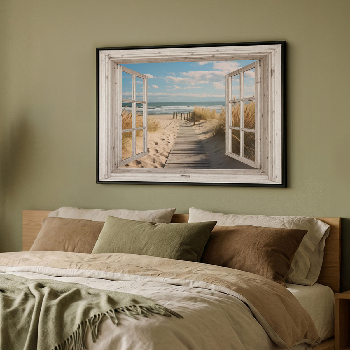 LEINWAND Bilder mit Rahmen - Fenster - Meer - Küste - Natur - Ausblick - Strand - Wattenmeer - 100x70 - Beige, Textil (100/70cm) - MuchoWow