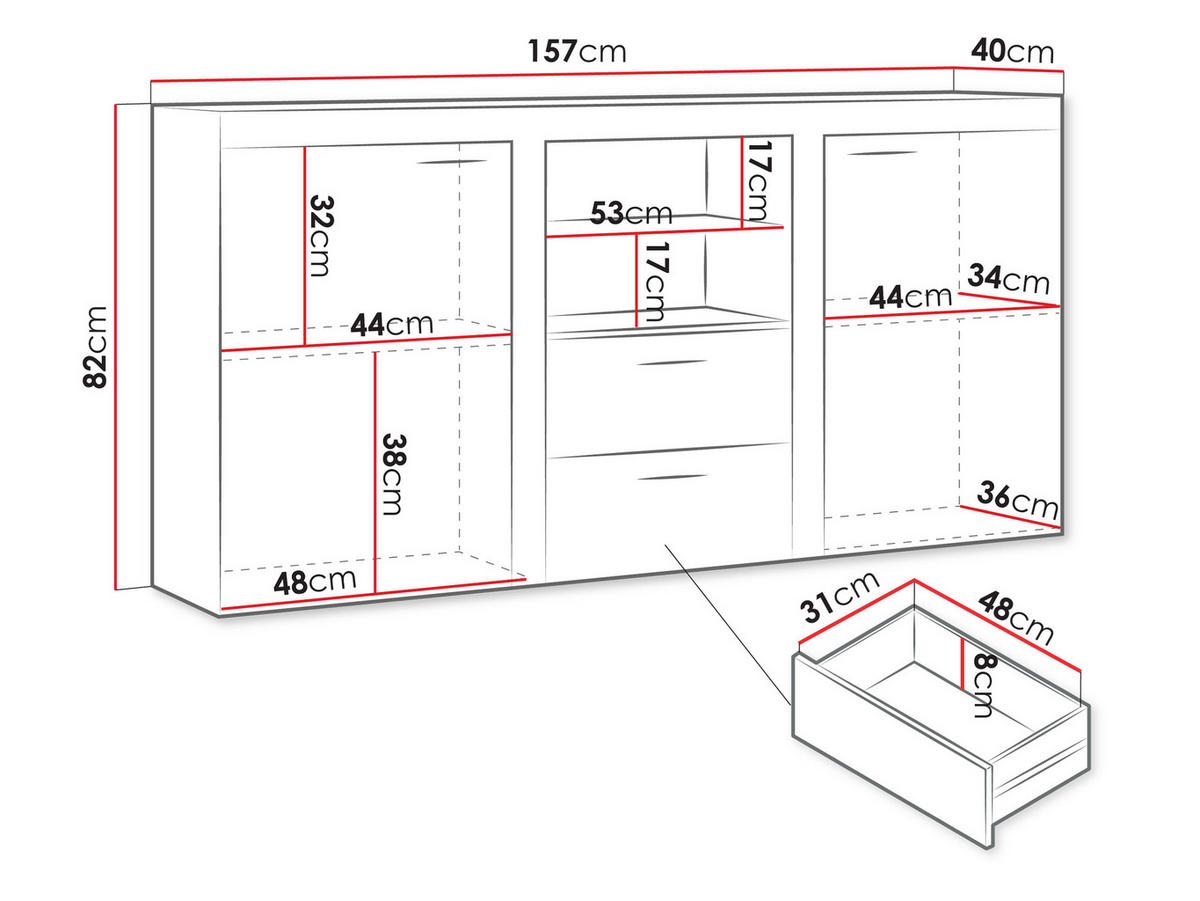 KOMMODE Rumba mit LED Beleuchtung - Eichefarben/Graphitfarben, Holzwerkstoff (156/82/40cm) - MIRJAN24