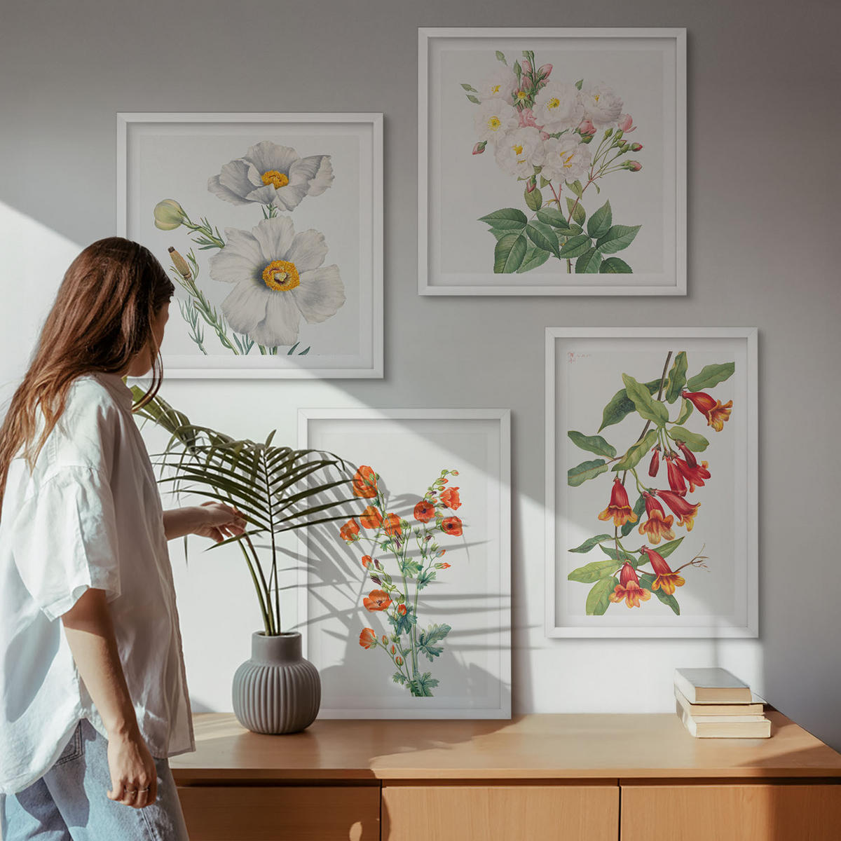 WANDBILDER 4er-Set - 50x50 cm & 40x60 cm Weißer Rahmen - Retro-Blumenmalerei - Weiß, Kunststoff (50/50cm) - ArtPrintCave