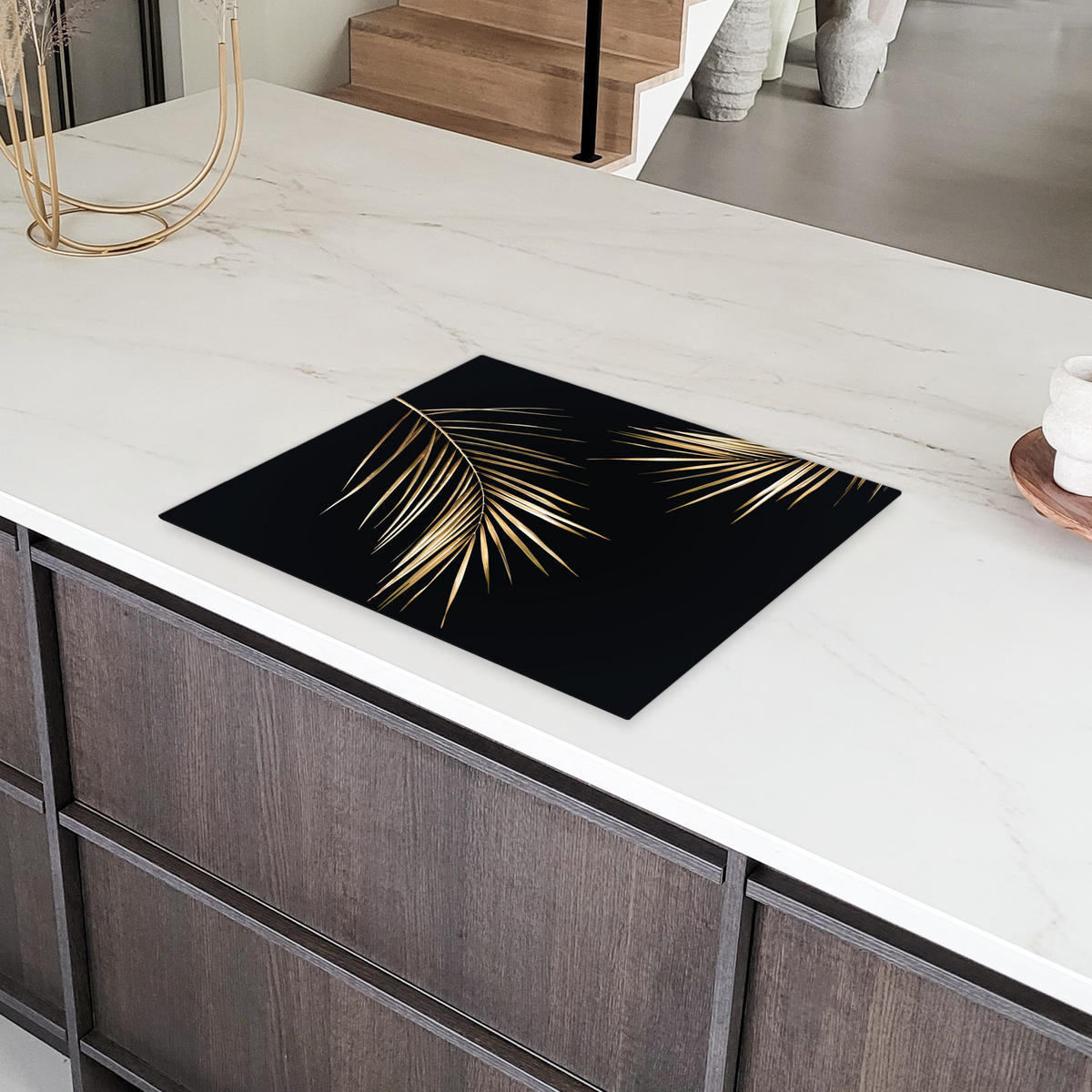 HERDABDECKPLATTE Blätter - Pflanzen - Gold - Schwarz - Luxus Herdabdeckung Induktionsfeld 65x52 cm - Goldfarben, Kunststoff (65/52/0.2cm) - MuchoWow