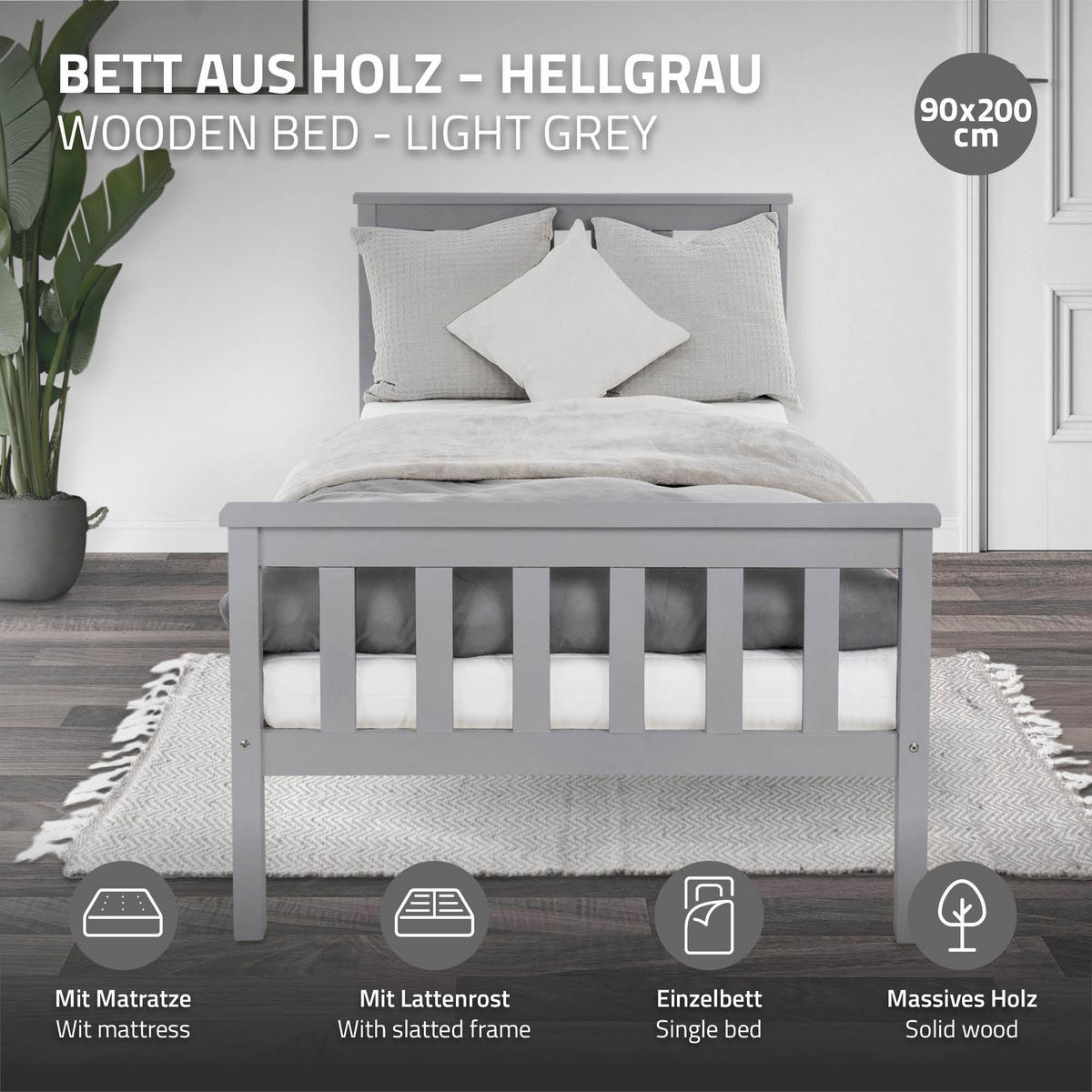 DŘEVĚNÁ POSTEL 90x200 cm světle šedé borové dřevo s roštem a matrací H10 cm - světle šedá, dřevo (90/200cm) - ML-DESIGN