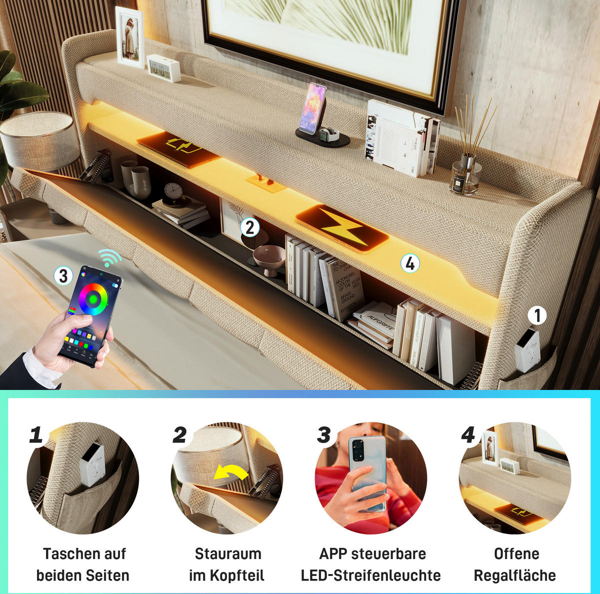 POLSTERBETT 90/200 cm Beige aus Leinen mit LED und Stauraum - Beige, Textil (90/200cm) - OKMYHOME