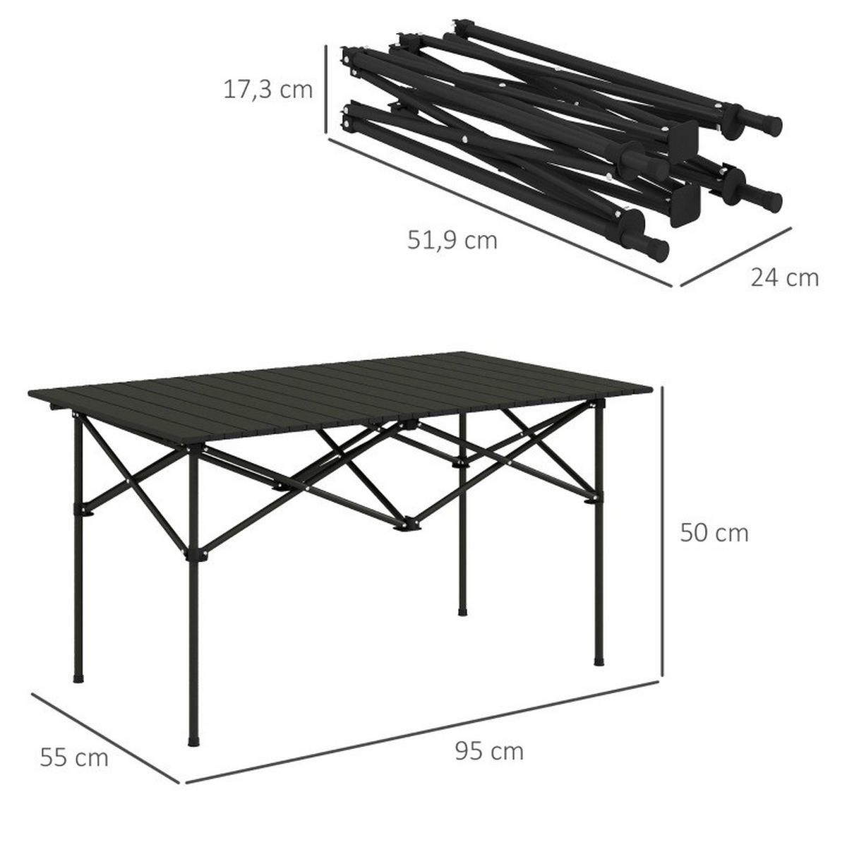 CAMPINGTISCH 95/55/50 cm klappbar mit rollbarer Tischplatte, X-Gestell aus Aluminium, Schwarz - Schwarz, Metall (95/55/50cm) - Redom